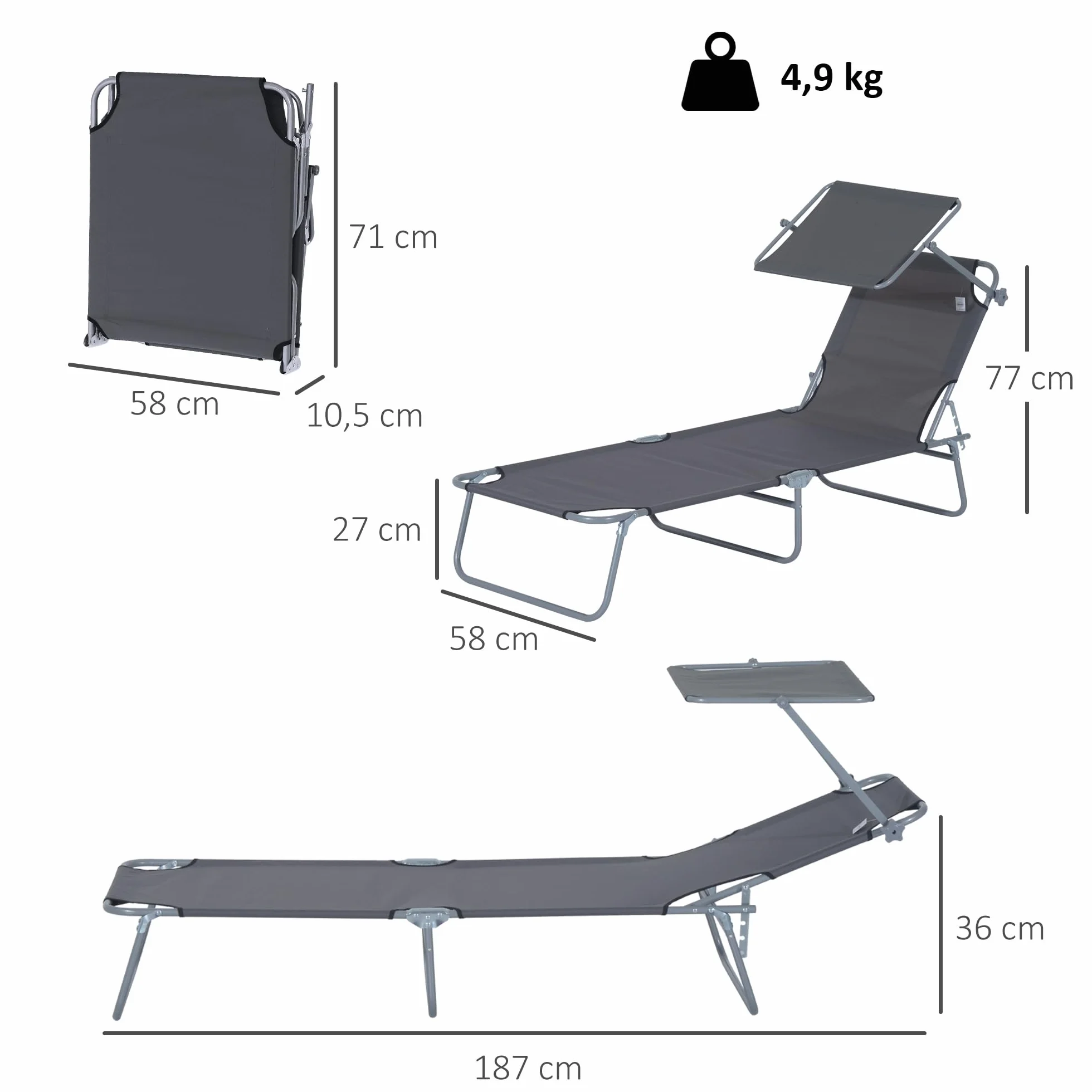 Outsunny Tumbona Plegable Jardín Exterior Reclinable con Toldo Desmontable Respaldo Ajustable 4 Niveles 187x58x36 cm Gris