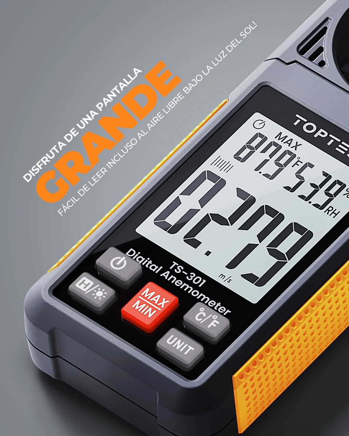 TopTes TS-301 Anemómetro Digital Pantalla LCD 2,26 pulgadas Medidor Velocidad Viento Naranja