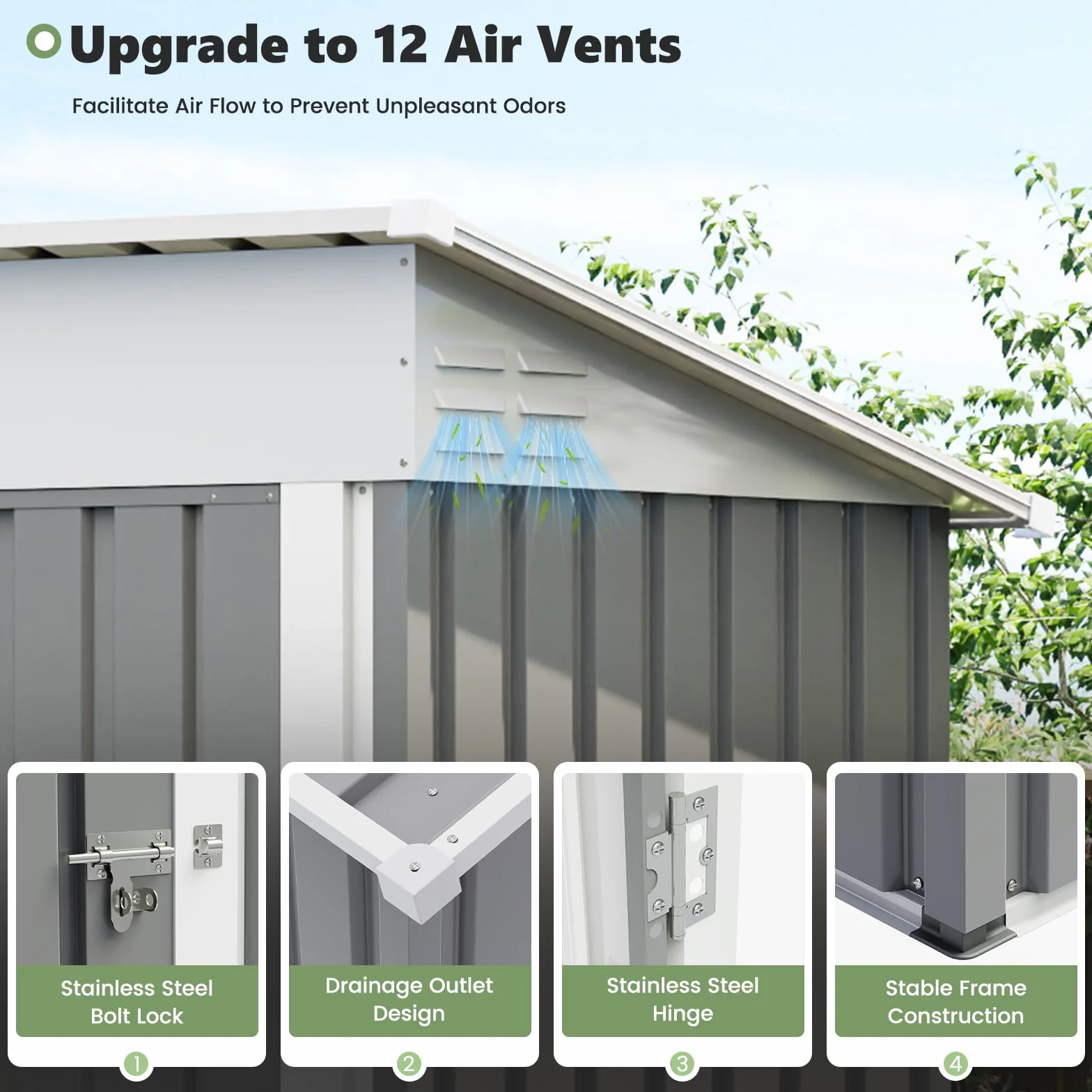UDPATIO Caseta de Jardín Exterior Metálico Galvanizado Impermeable 162x92x182 cm Gris Almacenamiento Herramientas