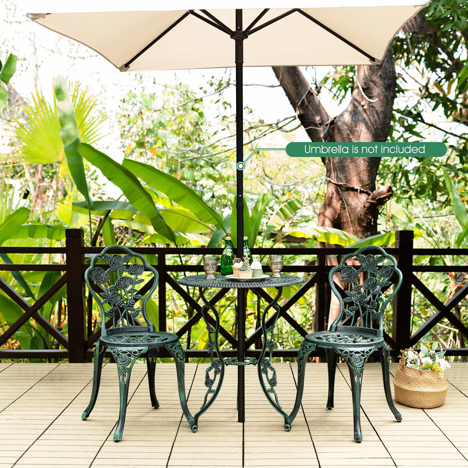 KOMFOTTEU Juego de Muebles de Jardín 3 Piezas, Mesa y 2 Sillas de Aluminio Fundido, Conjunto Bistró con Agujero Sombrilla, Diseño Rosas, Verde Bronce