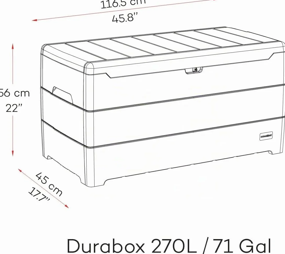 Duramax Durabox Caja de almacenamiento 270 litros 71 galones, organizador de jardín, plástico, gris oscuro