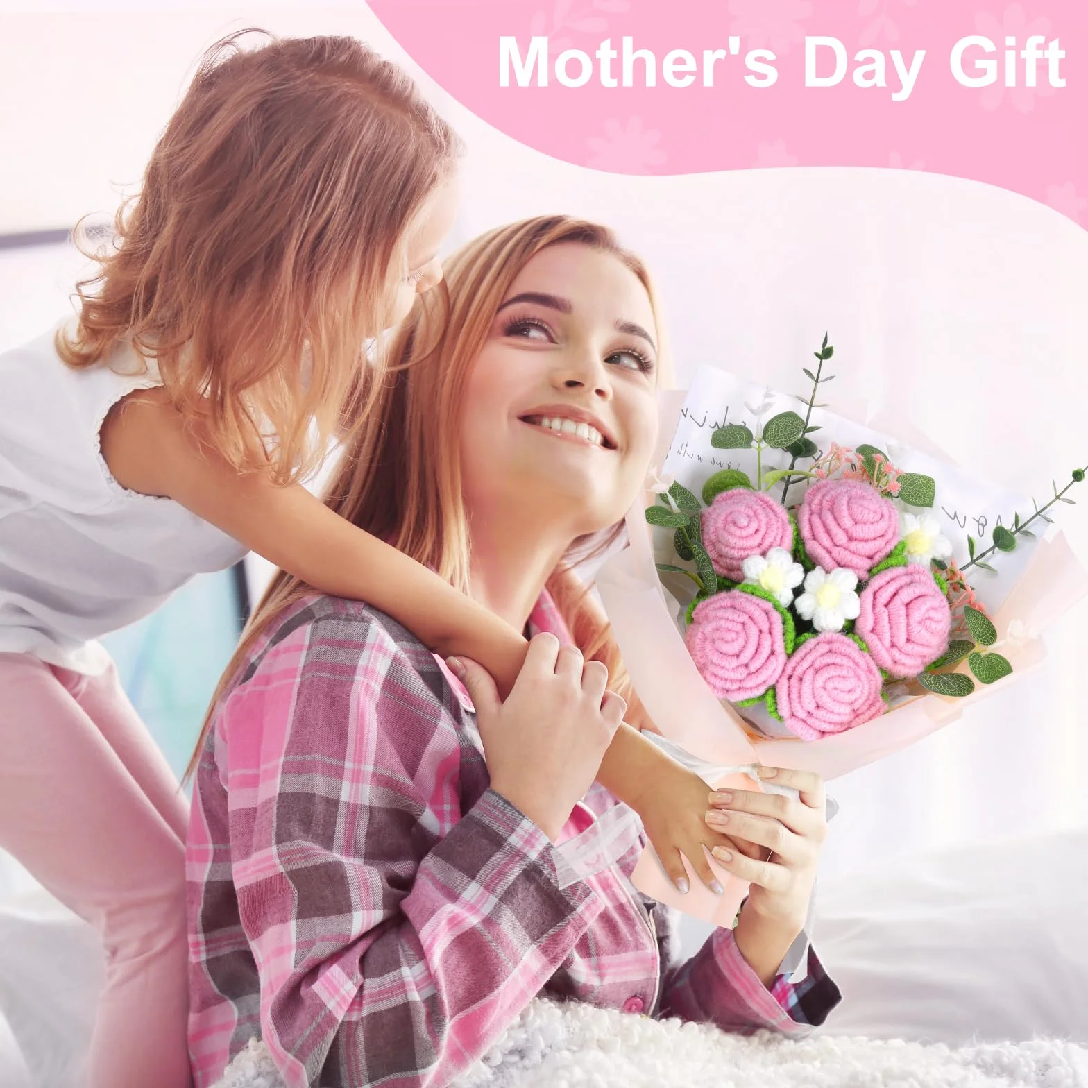Ramo de Flores de Ganchillo Hecho a Mano con Bolsa de Regalo para Mujer, Bodas, Día de la Madre (Rosa blanco)