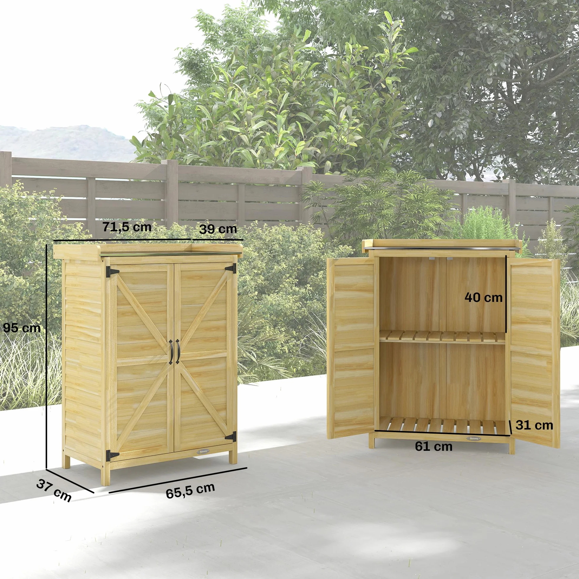 Outsunny Armario Exterior Madera Caseta Jardín Techo Metal Galvanizado Estantes 2 Puertas Ganchos Cobertizo Almacenaje Herramientas 71,5x39x95 cm Natural