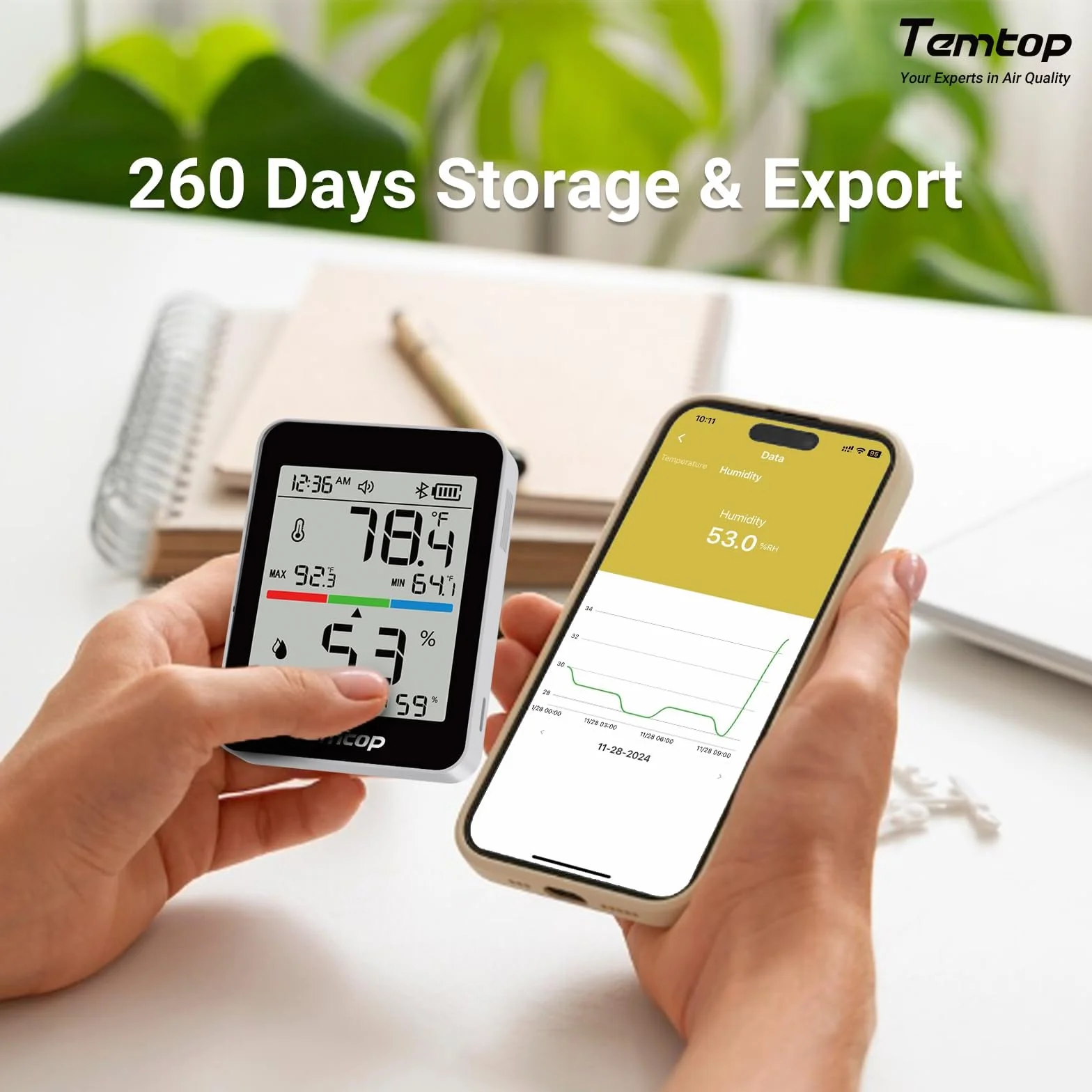 Temtop T1 Medidor de Humedad Digital Termómetro Interior Higrómetro Bluetooth con Alertas