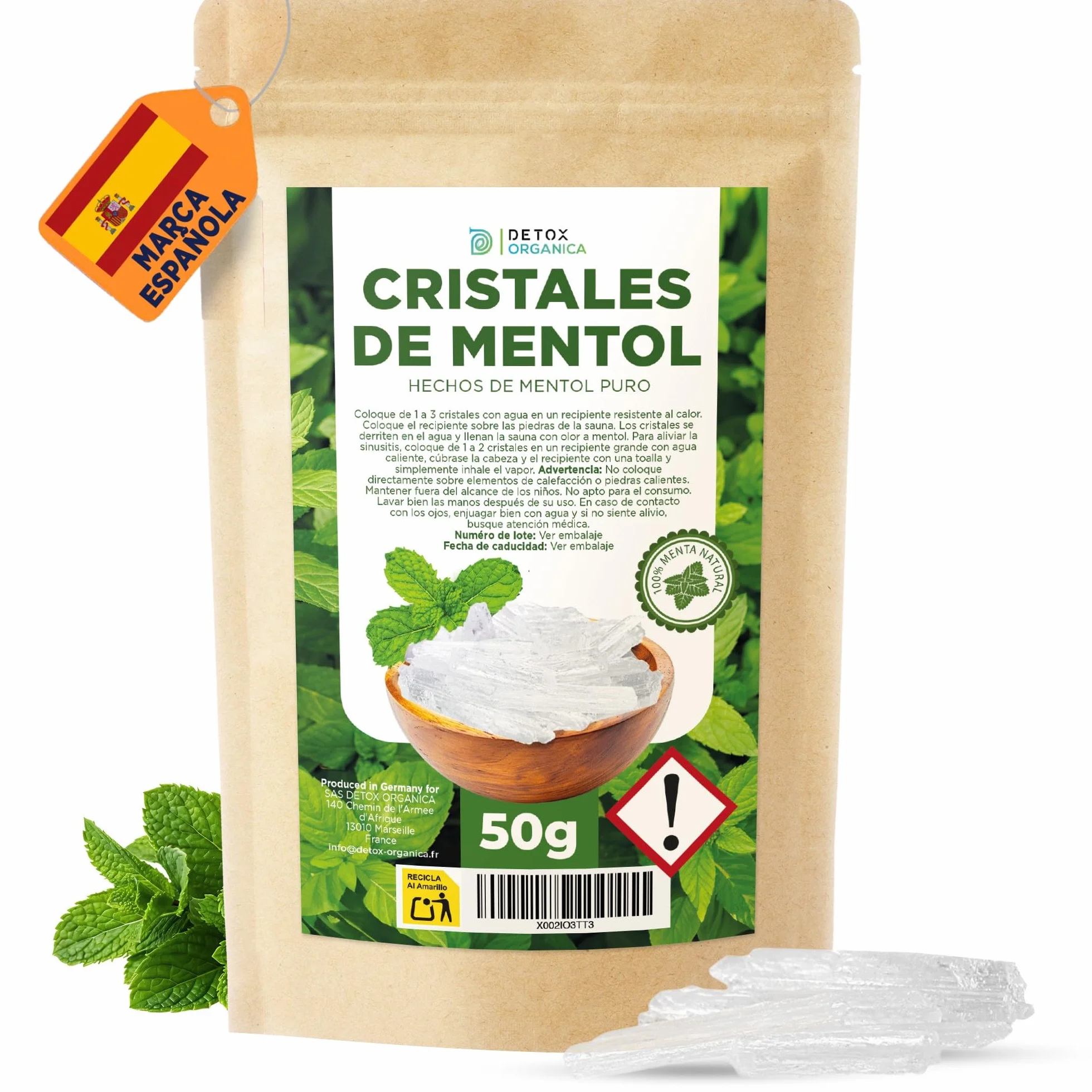 Detox Organica Cristales de Mentol 50g - Hechos 100% de Pura Menta - Menthol Crystals Ideales como Infusión para el Sauna, Baño, Congestión Nasal - Hechos en Alemania