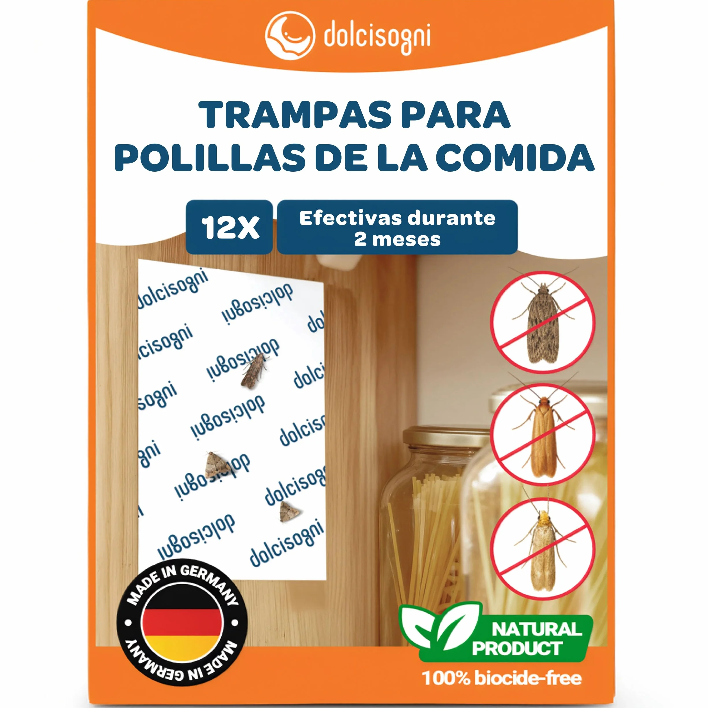 DOLCI SOGNI Trampa Polillas Alimentos 12 Hojas Antipolillas sin Biocidas Made in Germany Trampa Adhesiva Feromonas