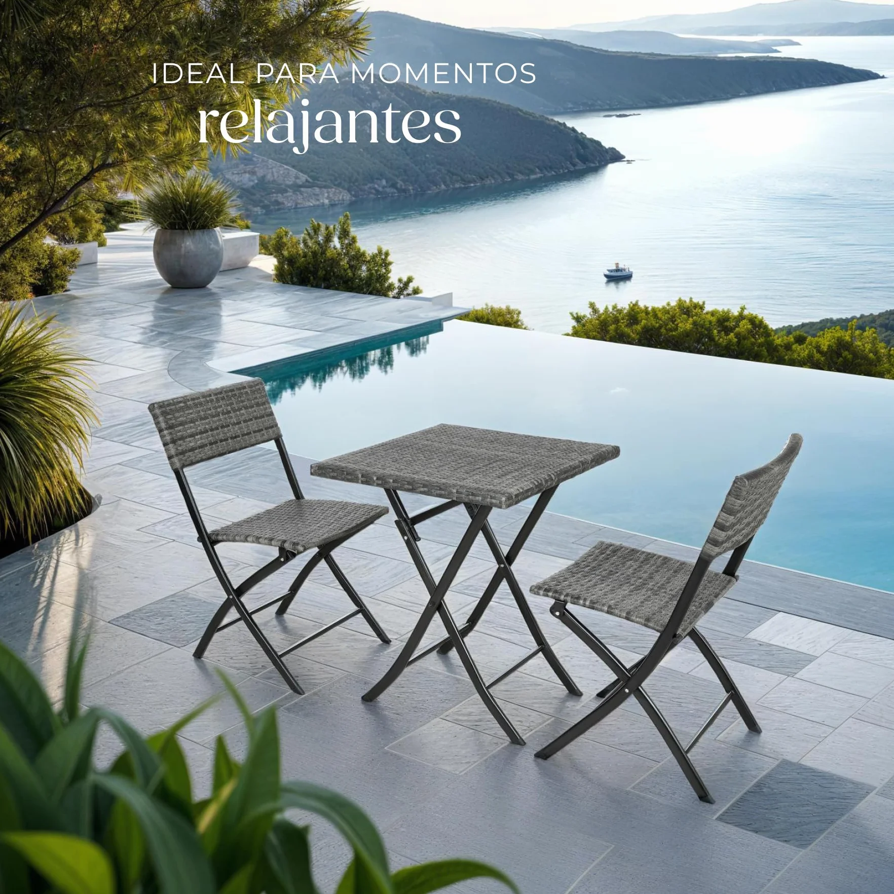 tectake Conjunto Jardín Exterior de Ratán y Acero para 2 Personas, Muebles Resistentes a Intemperie, Plegable, Gris
