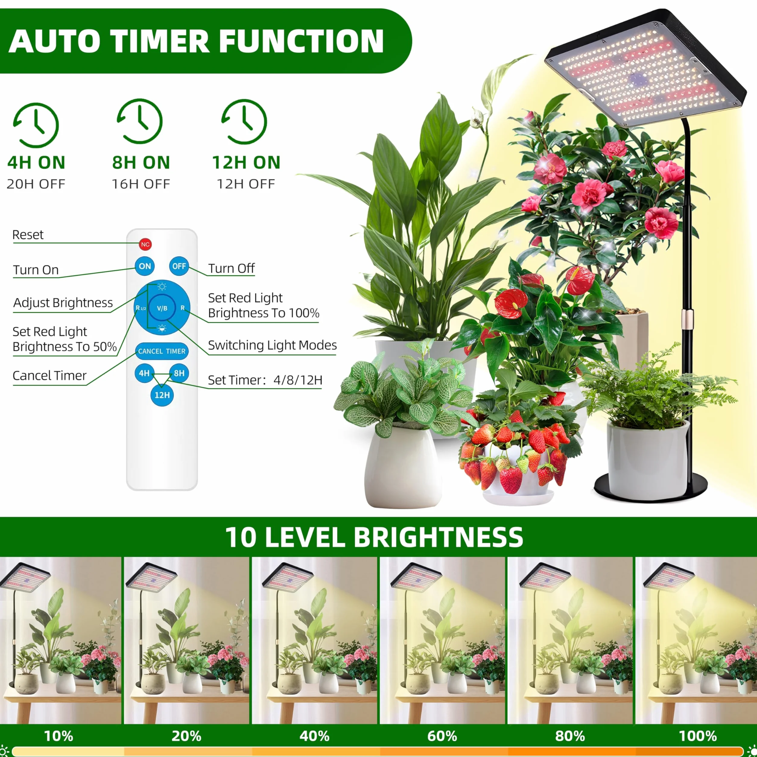 Lámpara LED Cultivo de Espectro Completo, 3 Modos Regulable 10 Niveles, Temporizador 4/8/12H para Plantas Interior