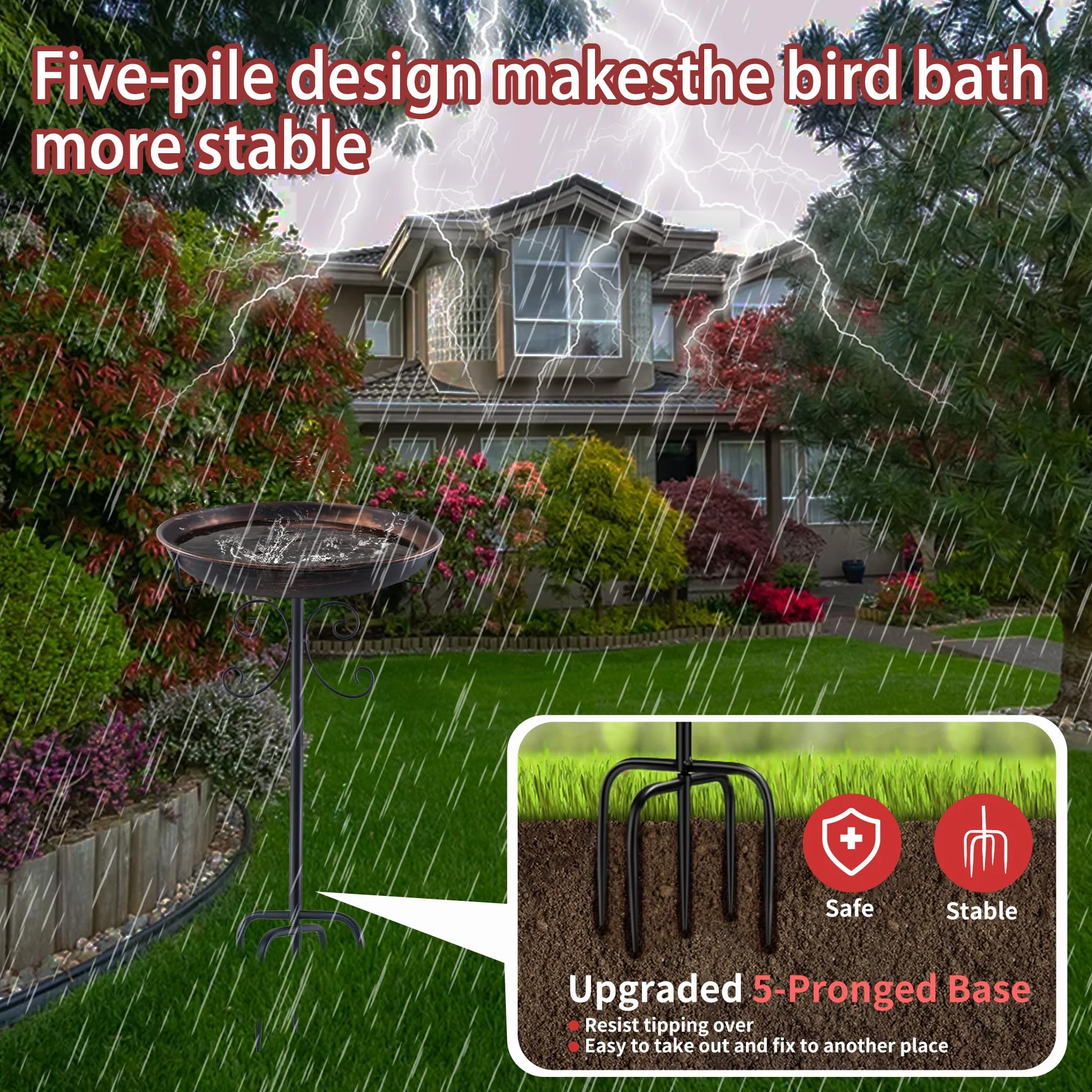 Bebedero para pájaros de pie, Comedero Pajaros Exterior con Pie, Baño de Pájaros Metal Regulable en Altura, Decoración Jardín Resistente Invierno