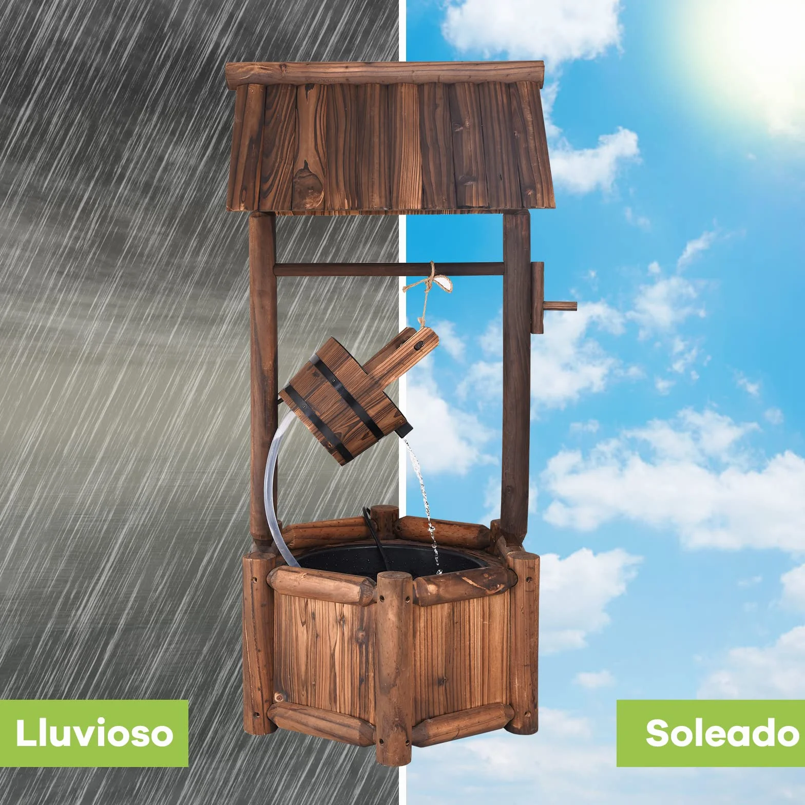 COSTWAY Fuente de Pozo de Deseos de Agua, Rústica de Madera al Aire Libre de Jardín, Decorativa de Patio Con Bomba Eléctrica