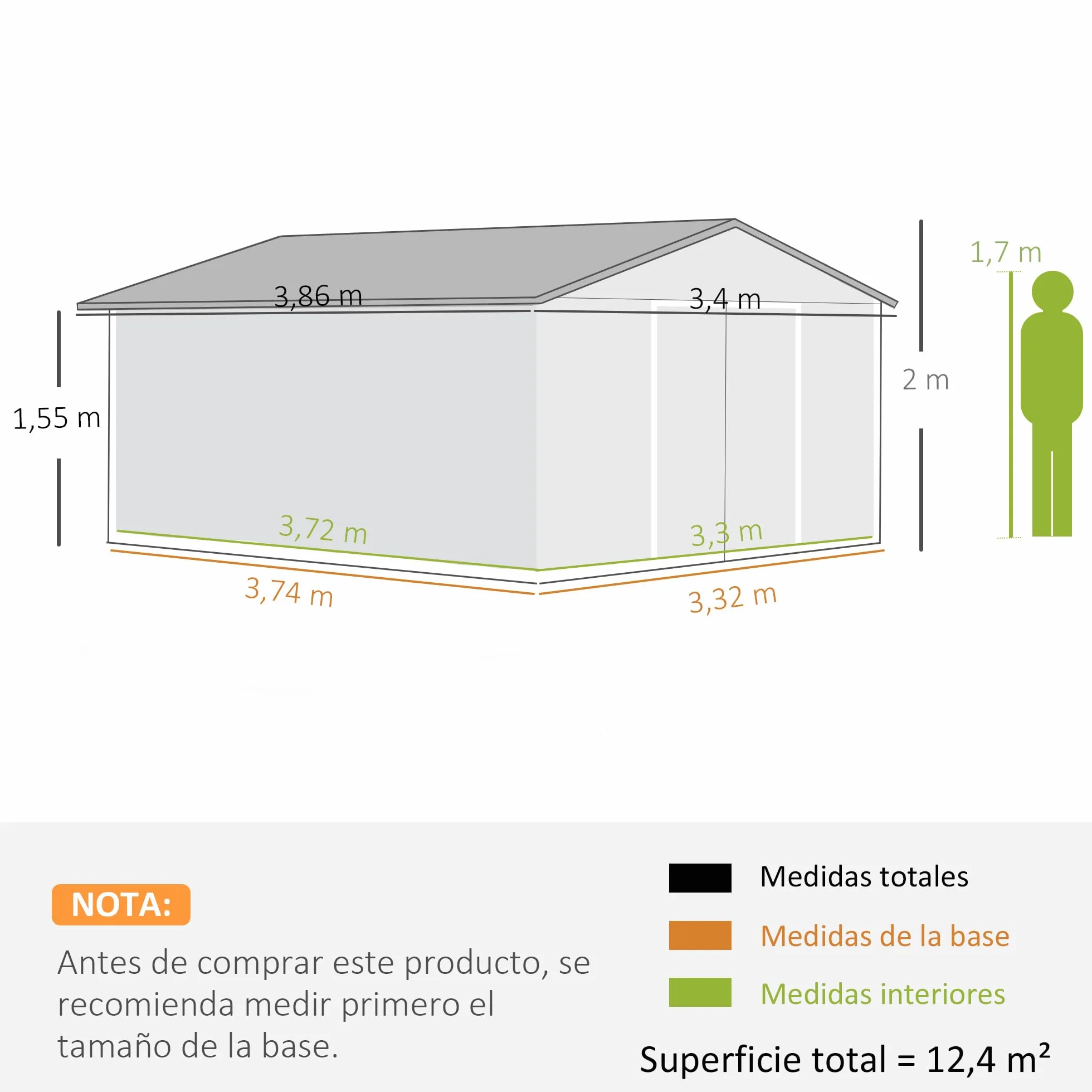 Outsunny Caseta de Jardín Exterior 12,4 m² 340x386x200 cm Cobertizo Metálico con Puertas Dobles y Cerradura Verde