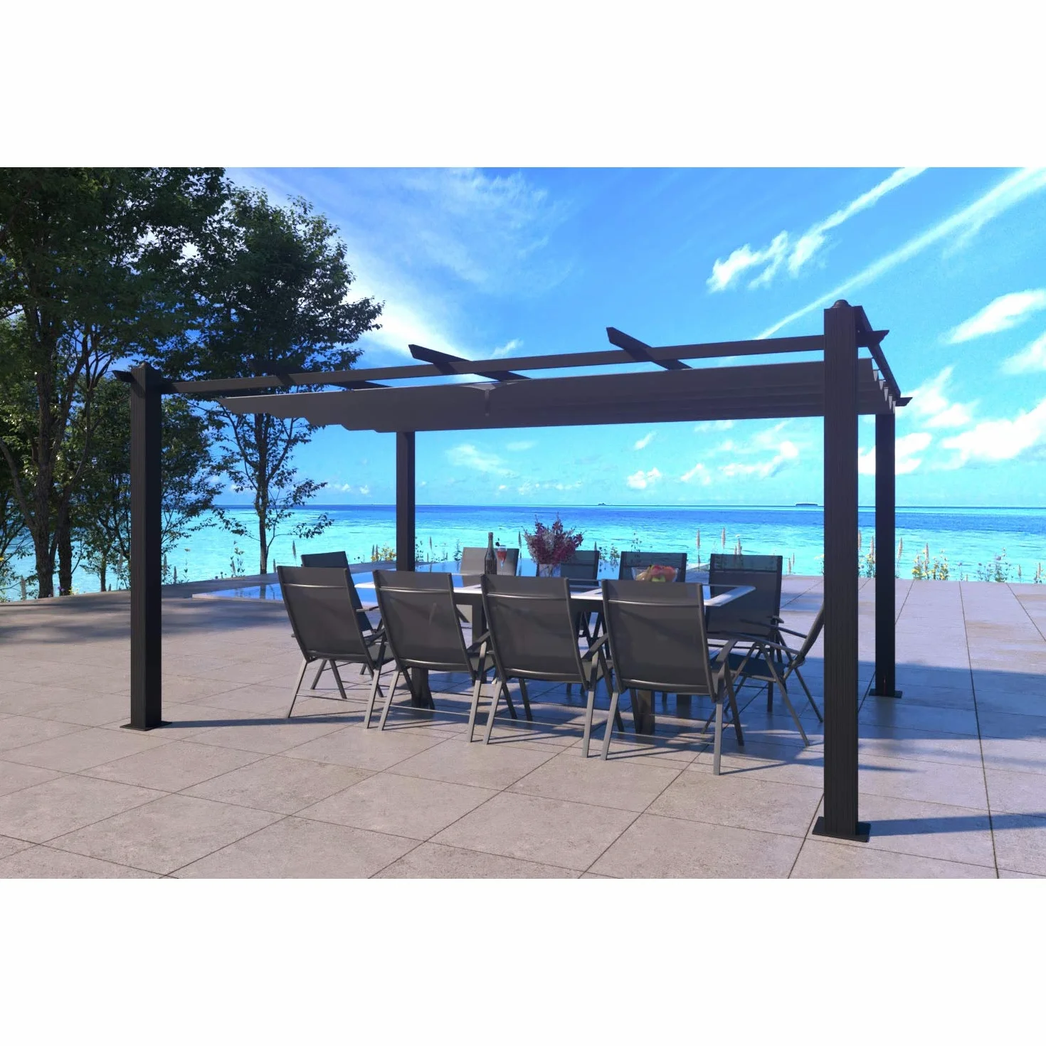 Pérgola Autoportante 4x3 m 12m² Aluminio Poliéster Nila Gris Retráctil Cenador Jardín Terraza Exterior
