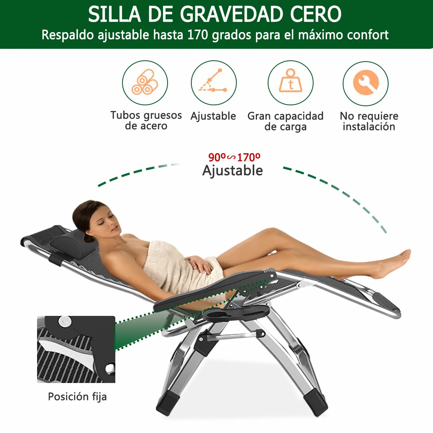 Sillas Gravedad Cero,Tumbona para Terraza Sillón De Jardín,con Reposacabeza Extraíble para Patio, Playa, Piscina,Soporte 440 Lbs. (con cojín Negro, Set de 1)