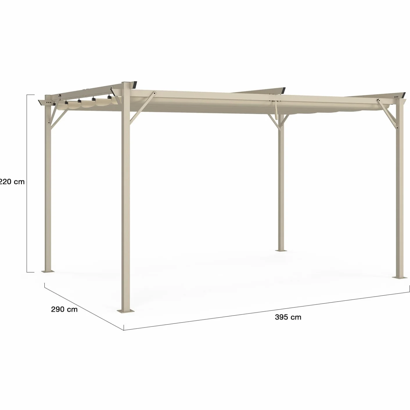 Pérgola retráctil techo 4 patas 3x4 m cenador efecto madera y lienzo beige