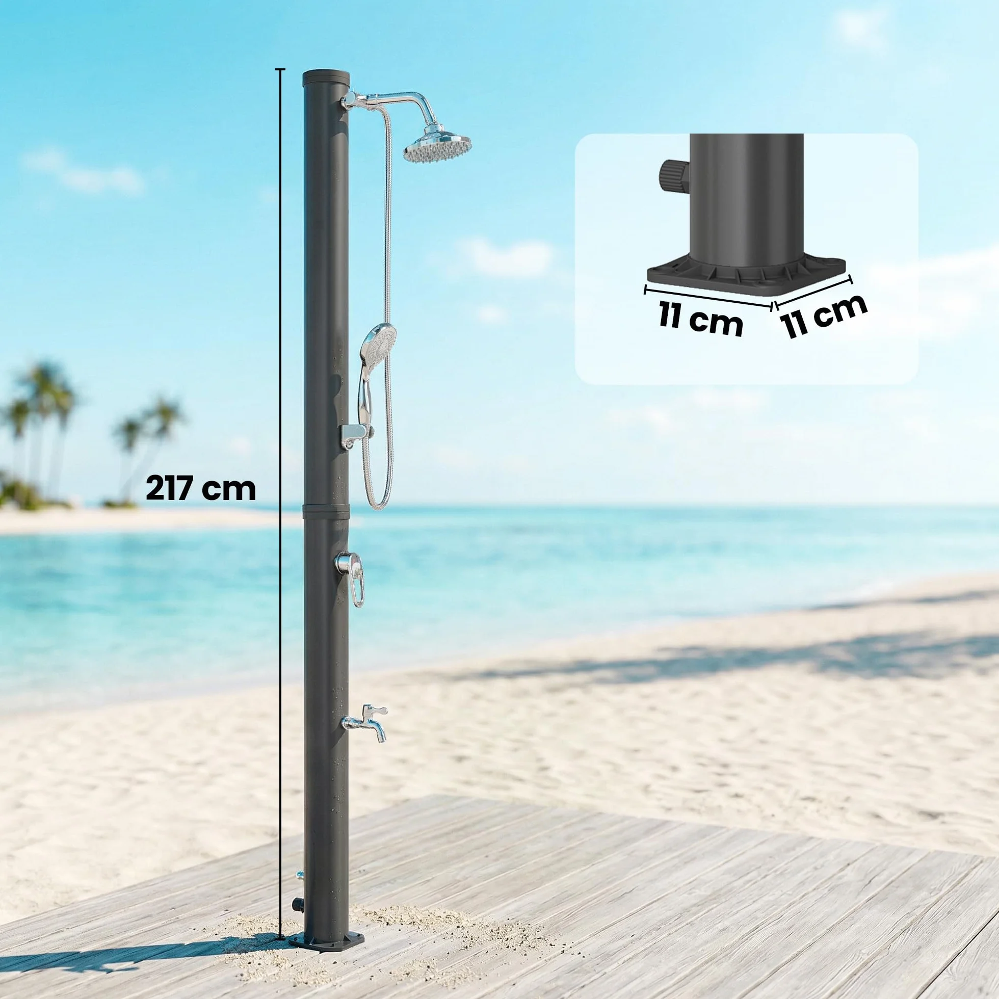 Outsunny Ducha Solar de Jardín 20L Exterior con Cabezal Rociador Agua Fría y Caliente 60°C Protección Congelamiento 42x11x215 cm Negro