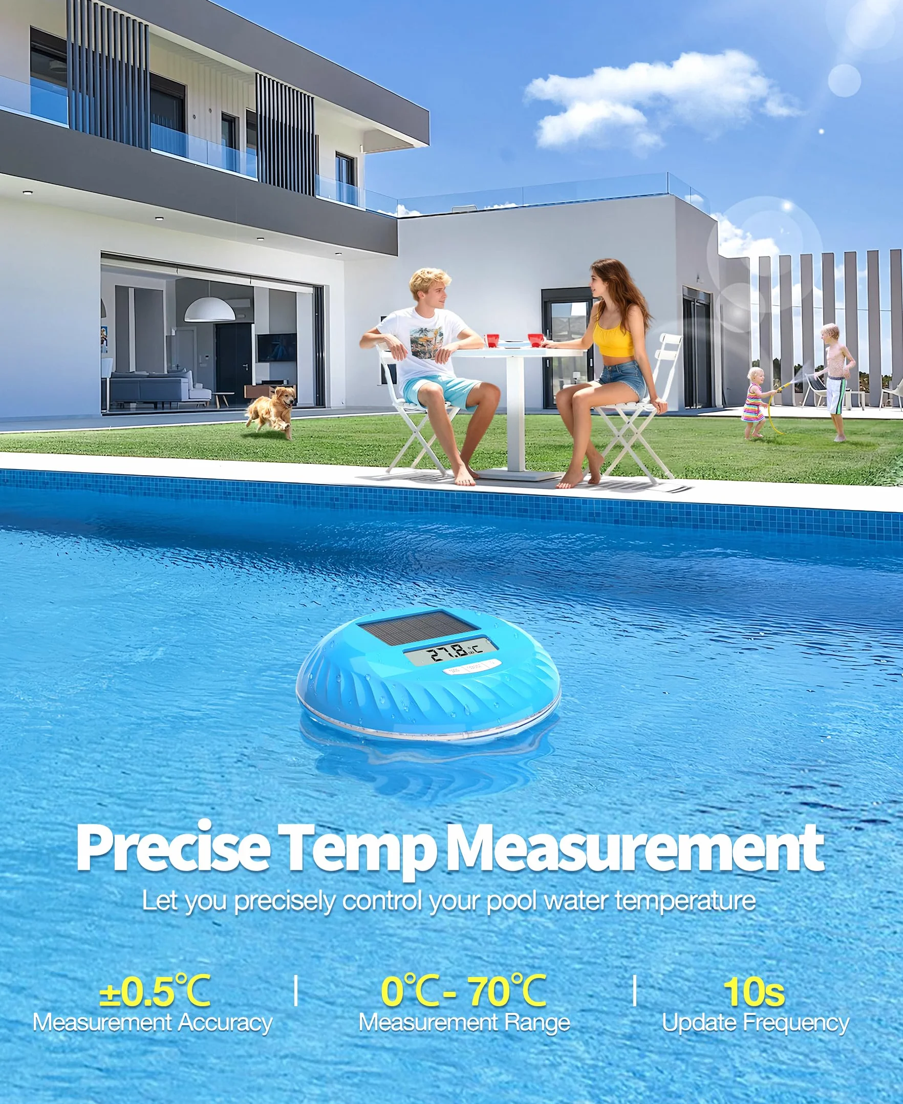 LuxBlue Termómetro Piscina Flotante con Luces LED Solar IP68 Impermeable Digital