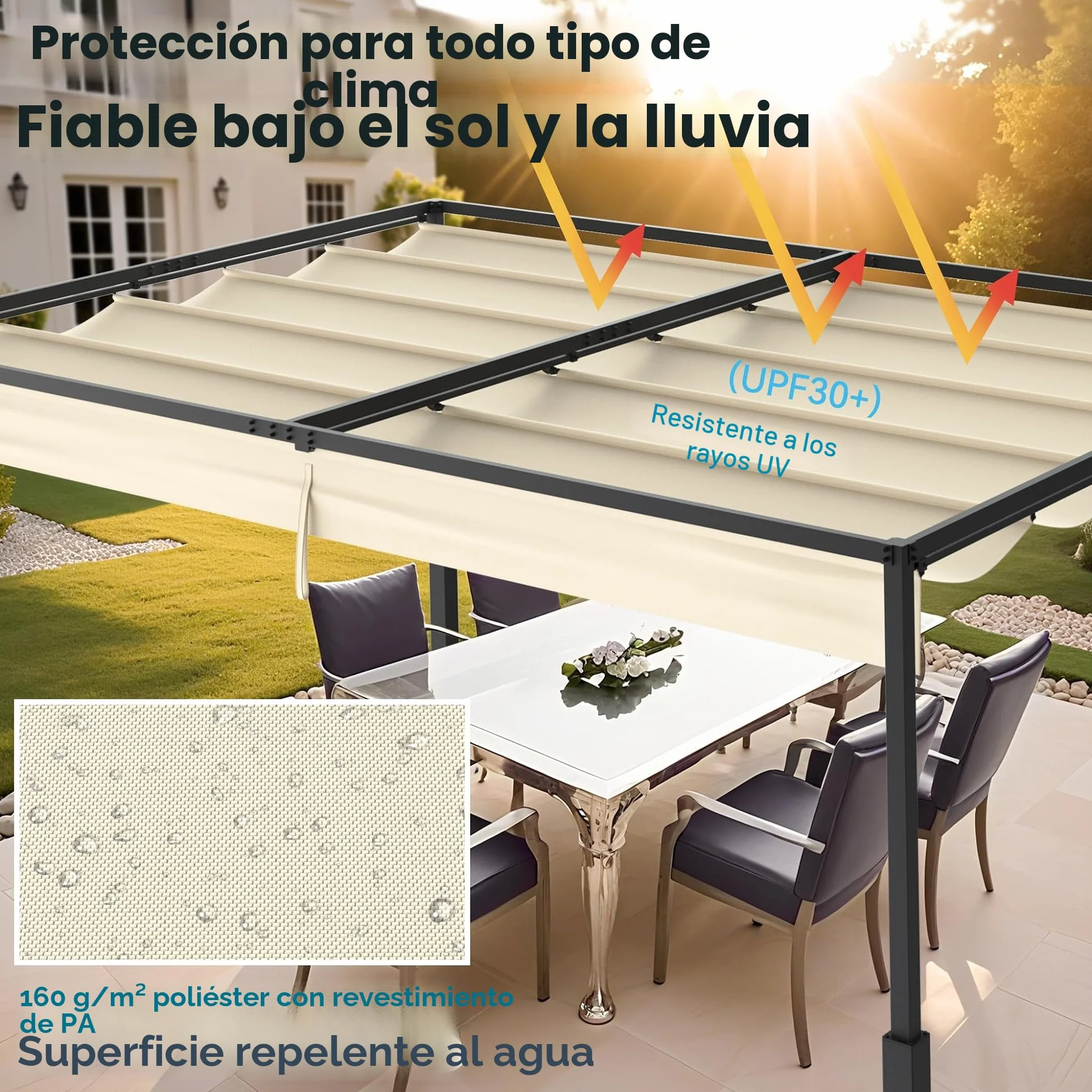 Pérgola para exteriores de 3 x 4 m, marco de metal estable, con protección solar y viento, techo solar, toldo retráctil para jardín, terraza y balcón (beige)