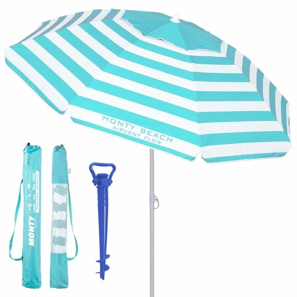 LOLAhome Sombrilla Playa 200 cm Protección UV+50 Antiviento Varillas Flexibles Techo Ventilación Mástil Inclinable Regulable Altura Bolsa Transporte
