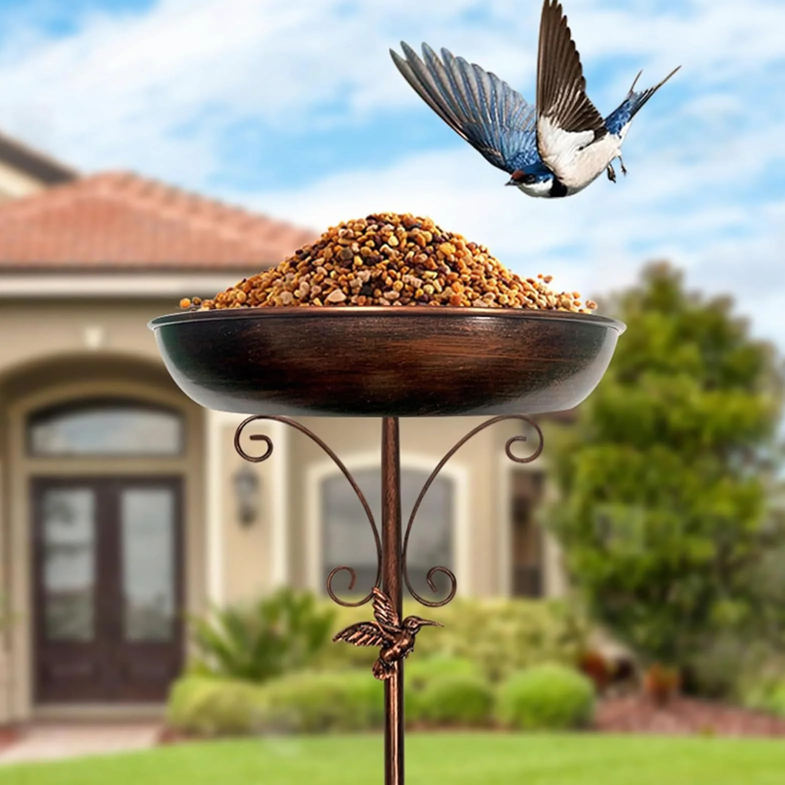 Teksome Bebedero para Aves Exterior, Metal con Soporte Decorativo para Jardín