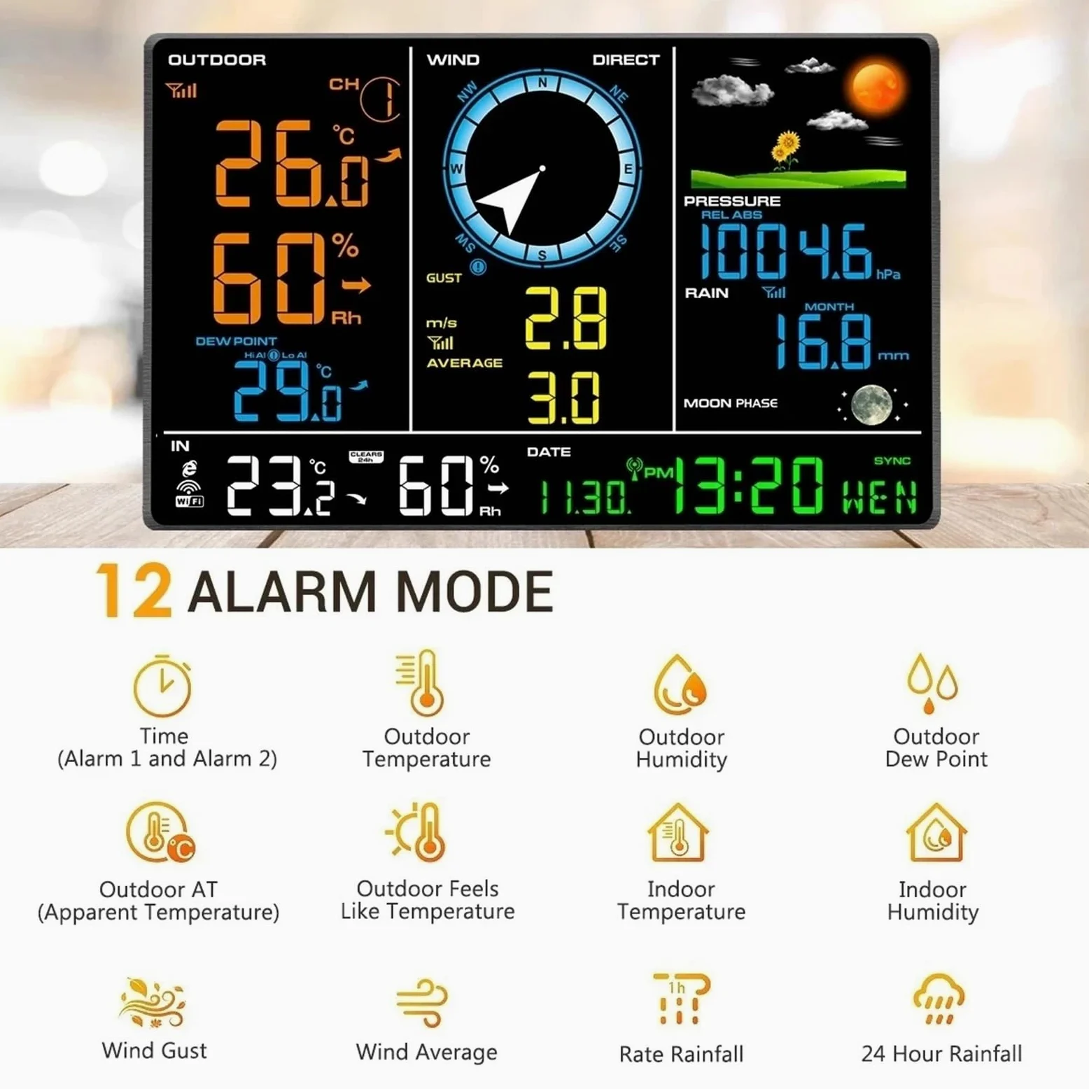 Estación Meteorológica Inalámbrica de Internet, pronóstico del tiempo, temperatura, presión, humedad, viento, lluvia, medidor, alarma con frase lunar(Radio Transmission)