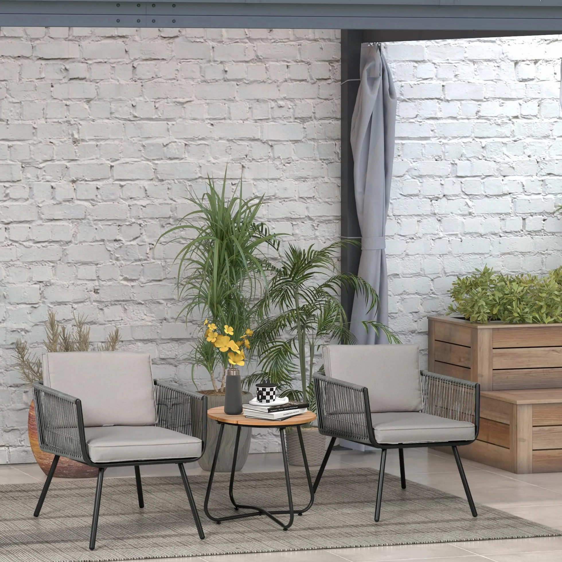 Outsunny Conjunto de Muebles de Jardín Ratán Sintético 3 Piezas Mesa y 2 Sillas con Cojines Extraíbles Gris