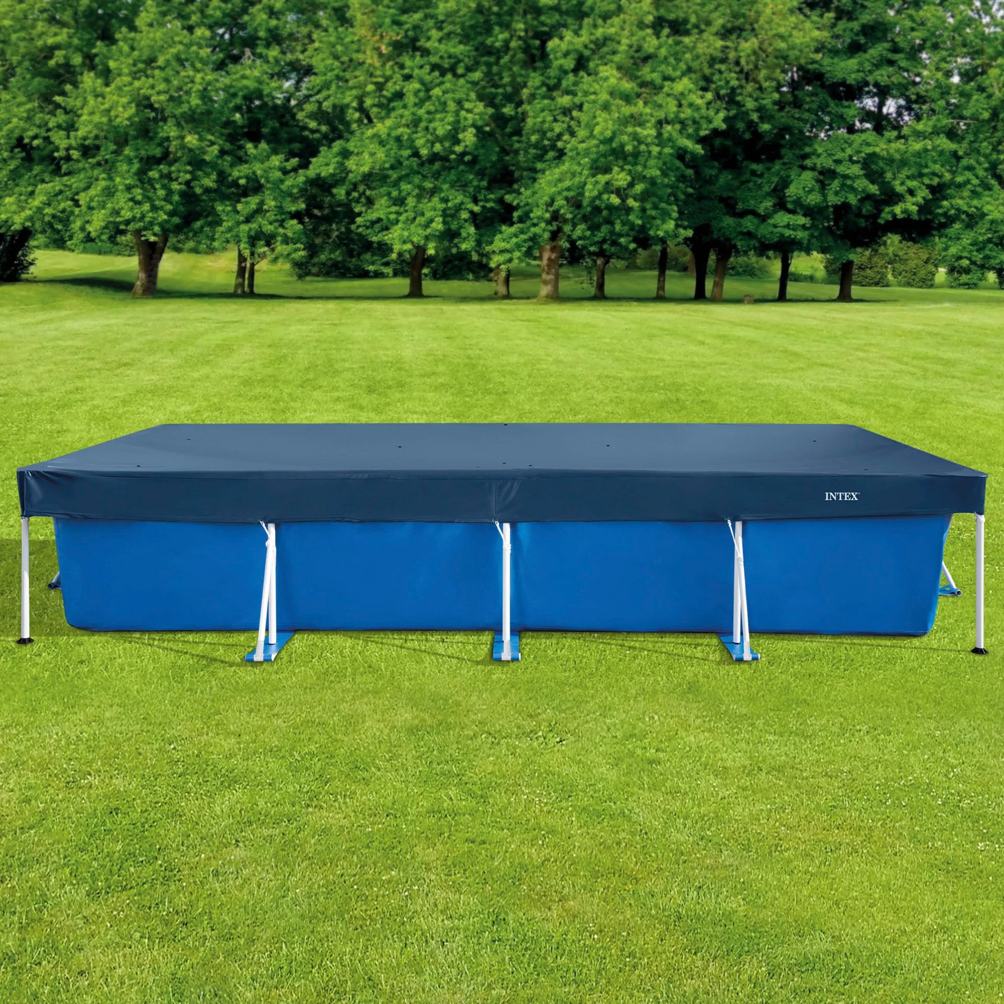 Intex Cobertor Piscina Rectangular 4,60x2,26 m Azul Oscuro Funda Protectora con Cordón Agarre y Drenaje