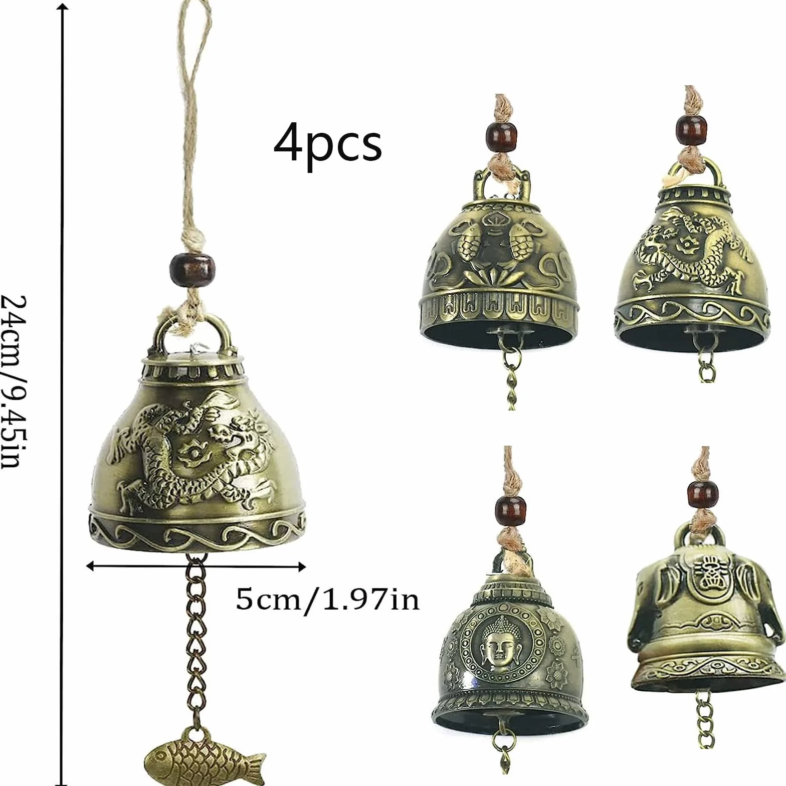 Campanillas De Viento De La Suerte Feng Shui, 4 Piezas Campanas Chinas Clásicas para Decoración Colgante