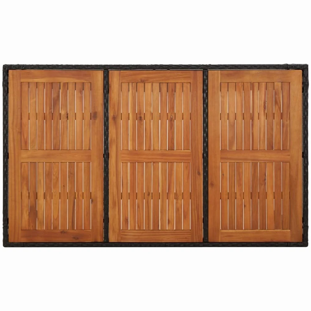 Mesa de jardín de ratán sintético negro 150 x 90 x 75 cm con tablero de madera de acacia maciza, mesa de jardín resistente al agua para terraza y jardín, marco de acero pulverizado