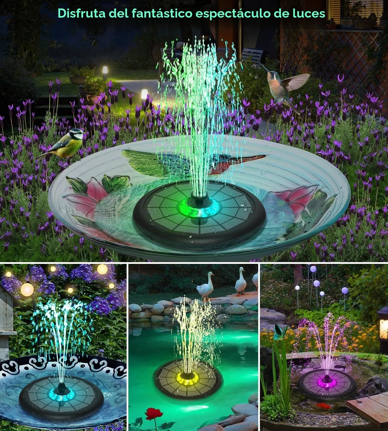 SZMP Fuente Solar, 5W 10 Luces, 4000mAh Baterías Bomba de Agua Solar con 7 Boquillas & 4 Fijadores Estanque de Jardín Fuente, Baño de Pájaros, Recipiente para Peces
