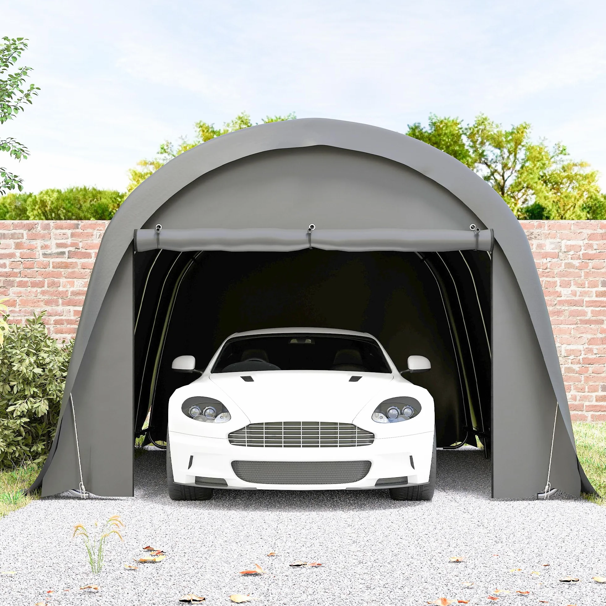 Outsunny Carport impermeable 3x6 m con paredes laterales extraíbles puerta enrollable techo arqueado UPF50+