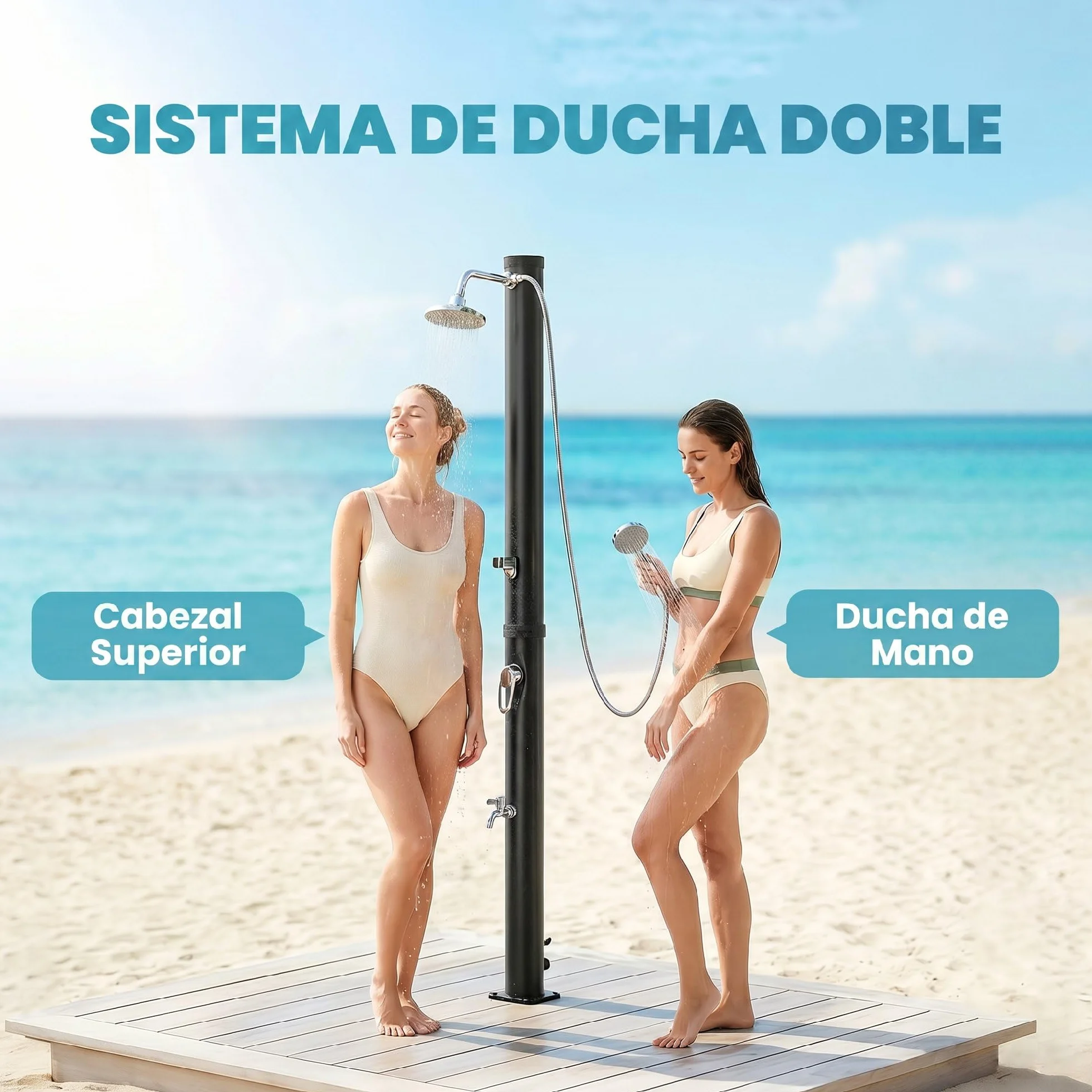 Outsunny Ducha Solar de Jardín 20L Exterior con Cabezal Rociador Agua Fría y Caliente 60°C Protección Congelamiento 42x11x215 cm Negro