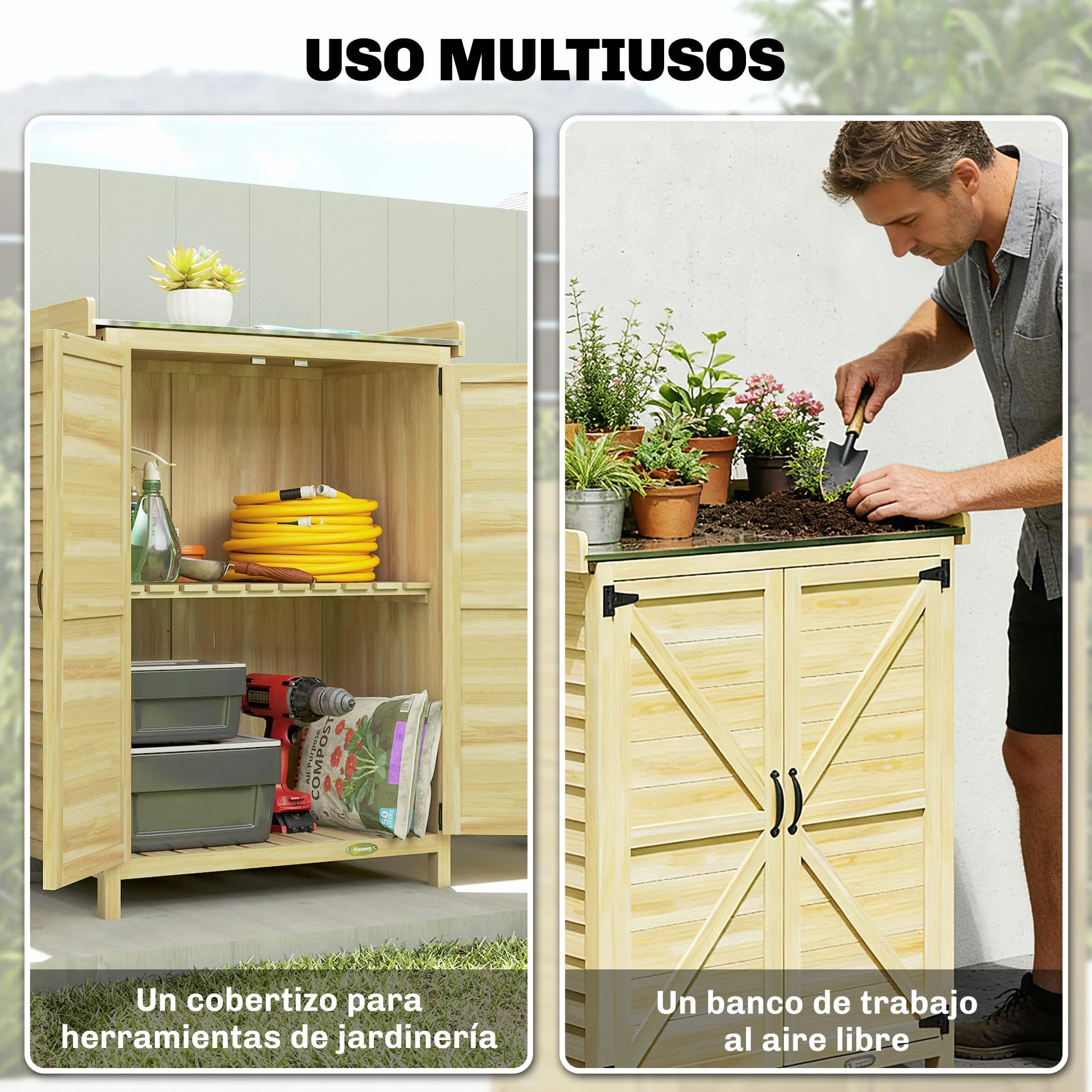 Outsunny Armario Exterior Madera Caseta Jardín Techo Metal Galvanizado Estantes 2 Puertas Ganchos Cobertizo Almacenaje Herramientas 71,5x39x95 cm Natural