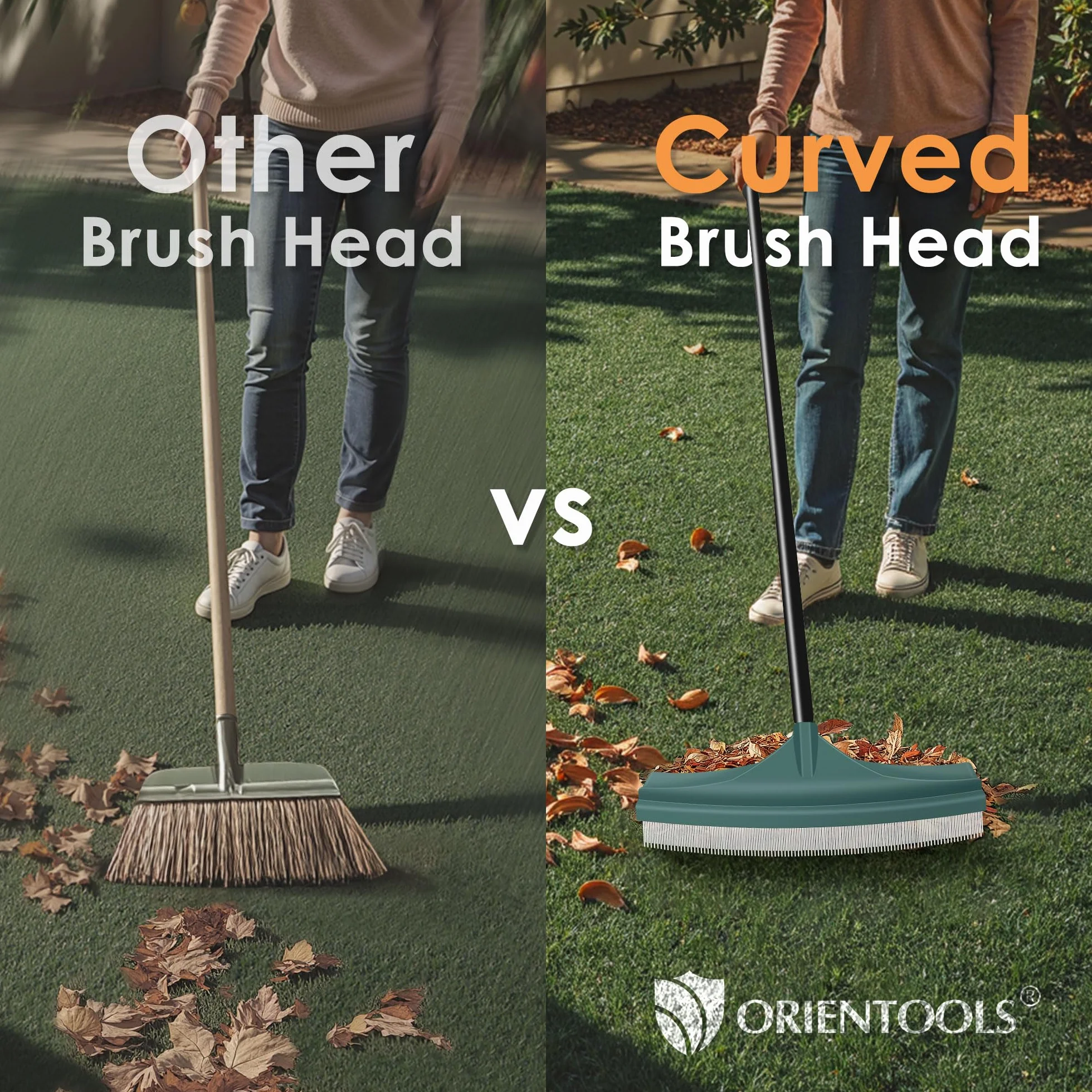 ORIENTOOLS Rastrillo curvo para césped artificial, cepillo de césped con mango de acero ajustable de 80 a 134 cm