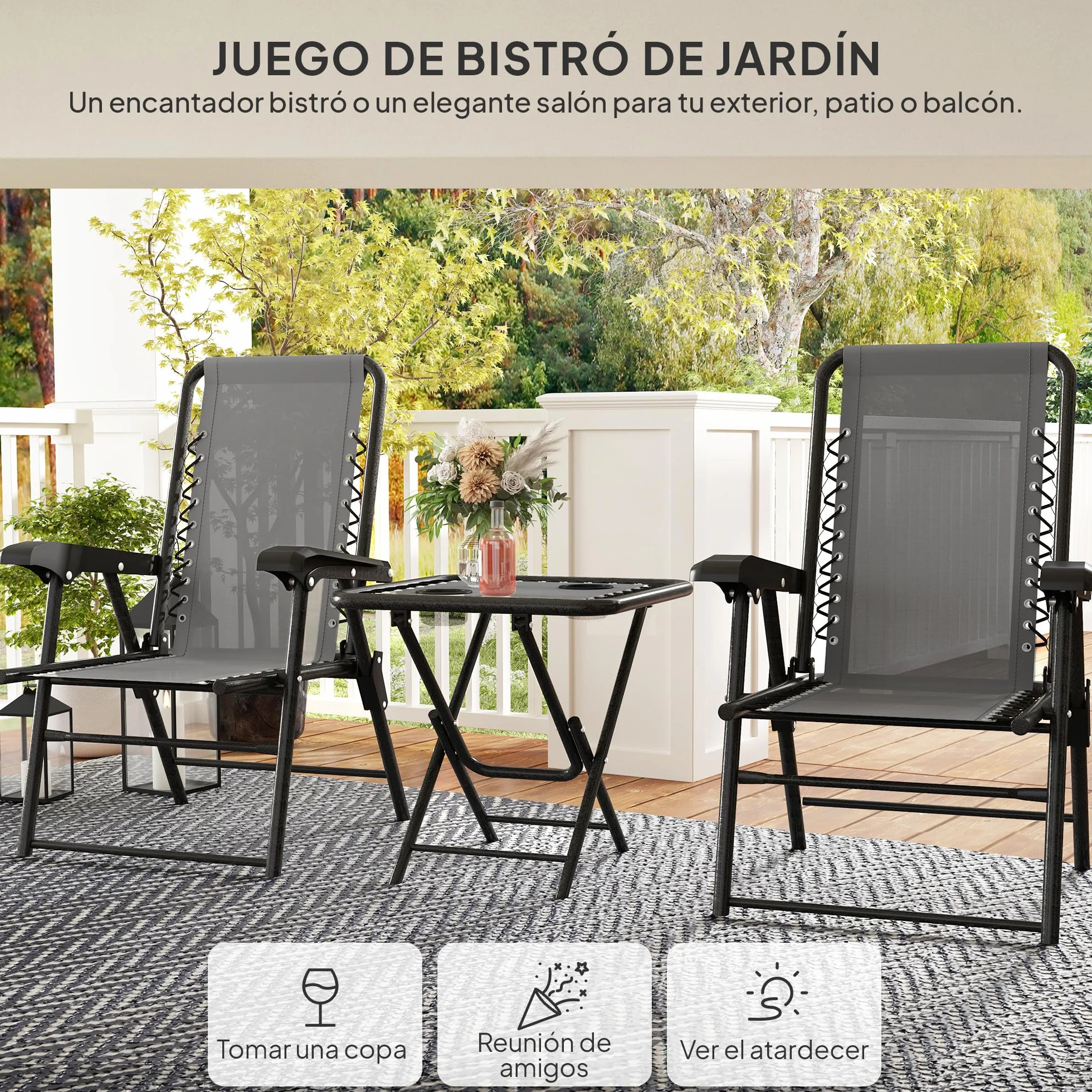 Outsunny Conjunto de Mesa y Sillas de Terraza Exterior 3 Piezas Plegables con Estructura de Acero Gris Oscuro