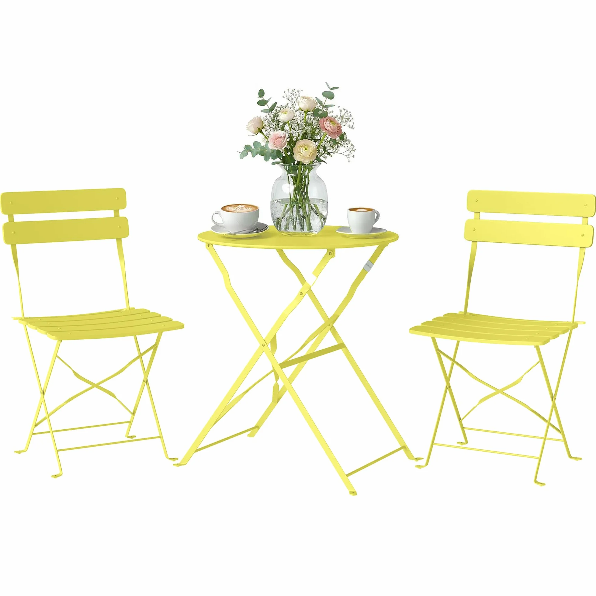 Outsunny Juego de bistró de jardín 3 Piezas Mesa y 2 sillas plegables de metal con doble protección antioxidante Amarillo