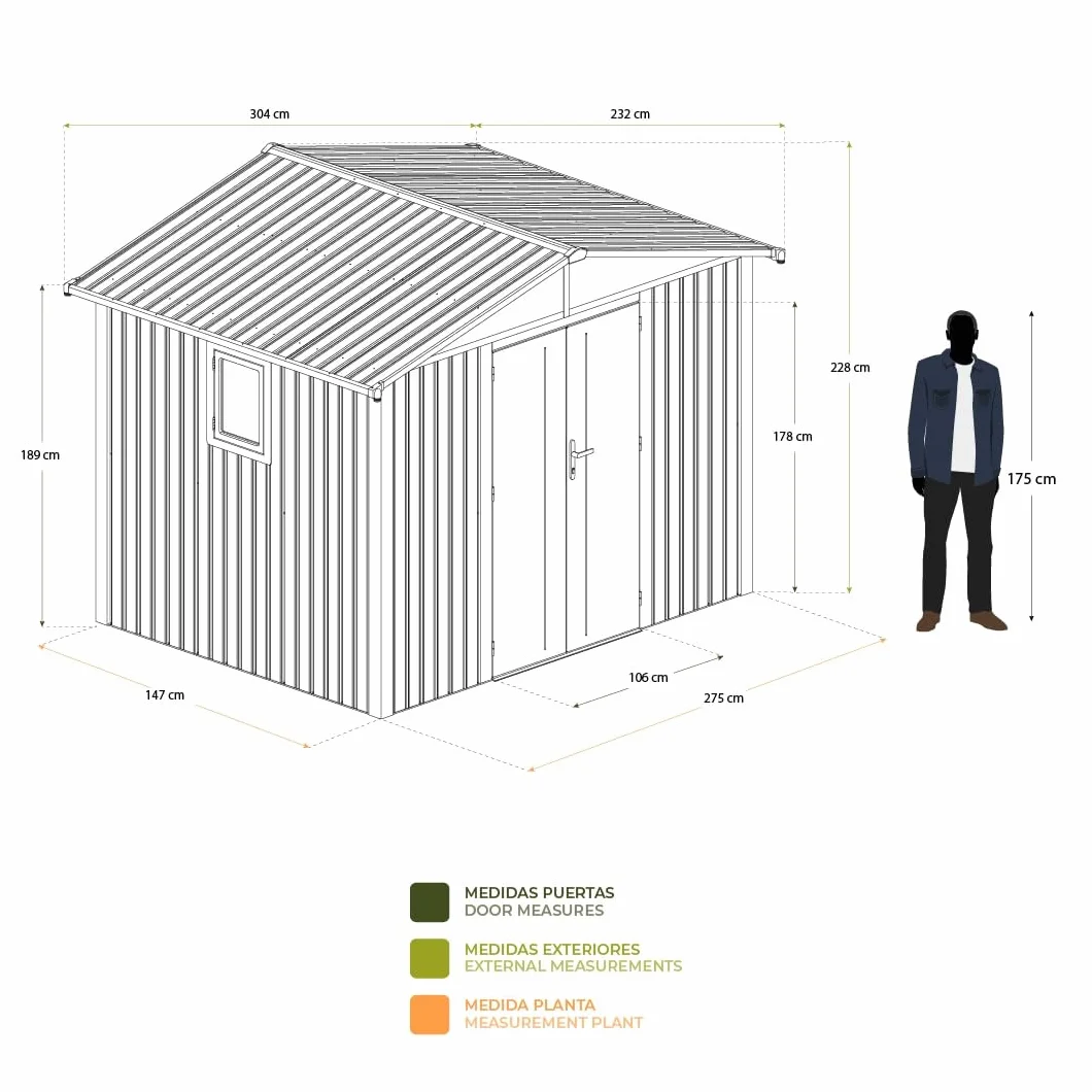 Gardiun Caseta Metálica Grunewald 7 m2 Exterior 304x232x228 cm Acero Ventana Lateral Puerta Doble 106x178 cm