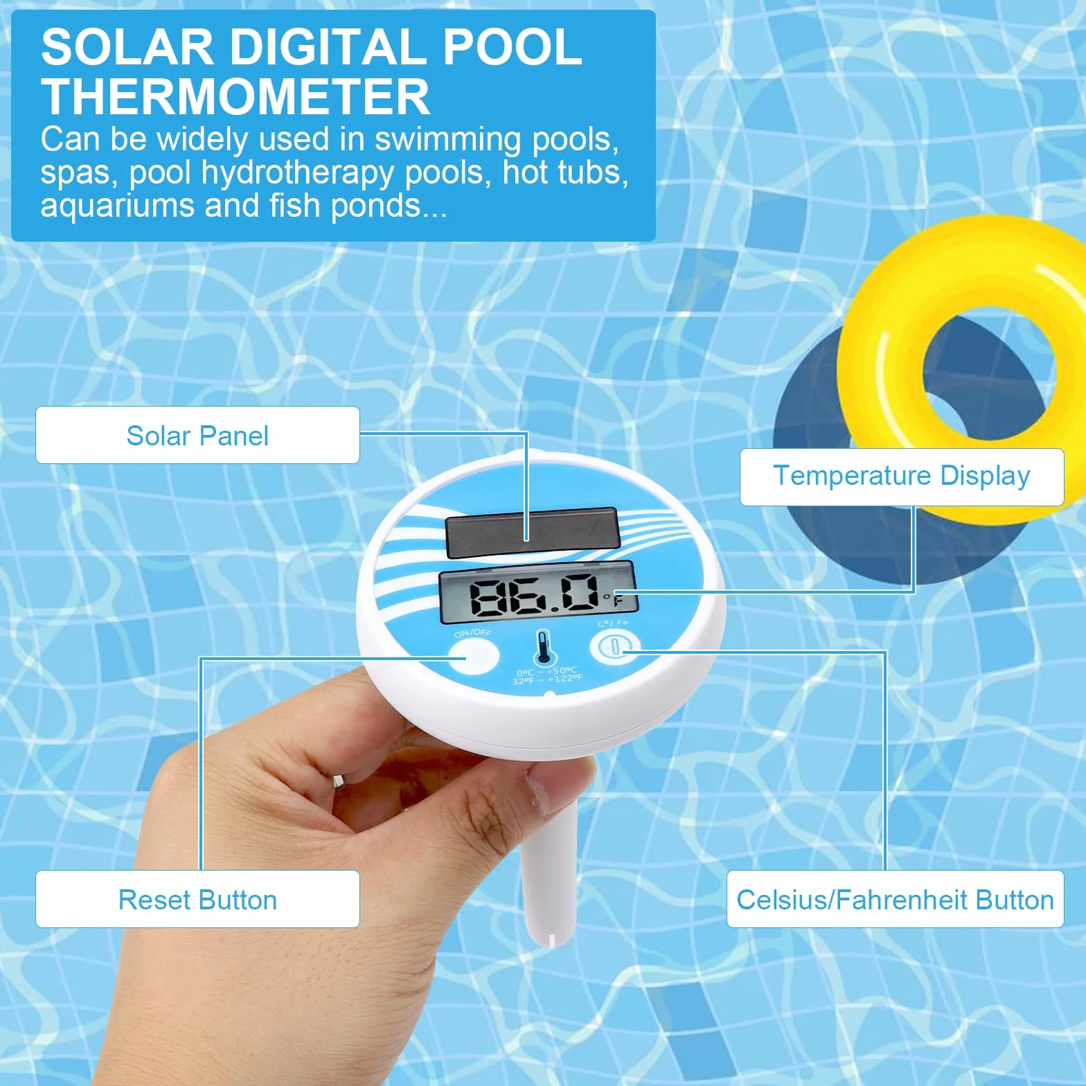TNSLAND Digital Pool Thermometer Flotante para Piscinas Cubiertas y Al Aire Libre
