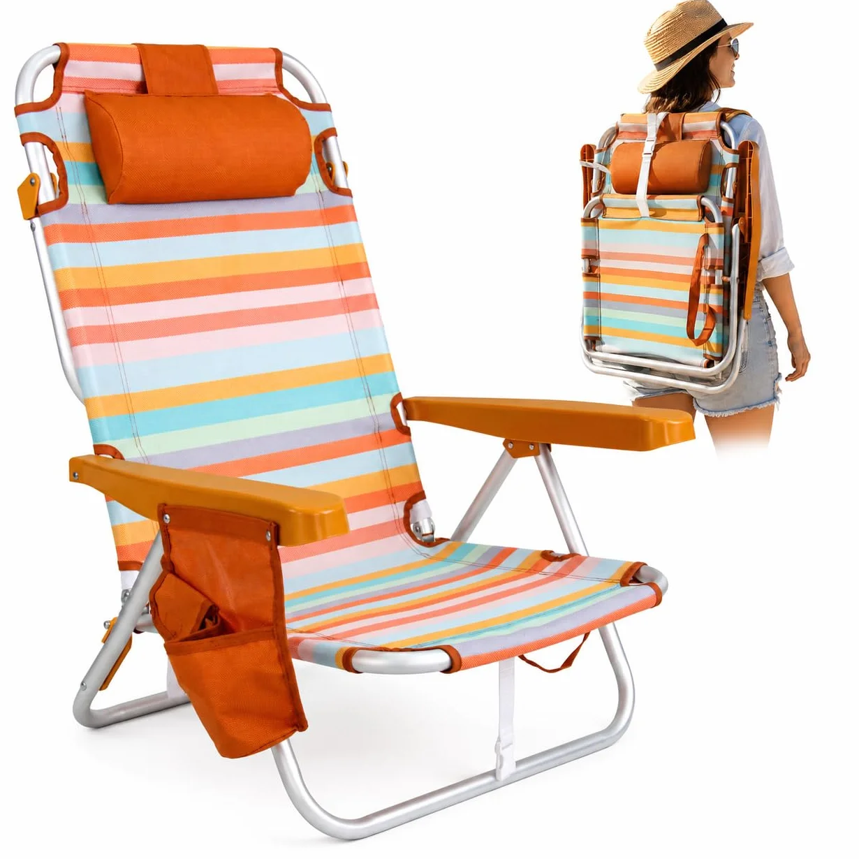 Silla de Playa Plegable Aluminio Reclinable Mochila 22cm Altura Asiento 25cm Reposacabezas Ocre Rayada