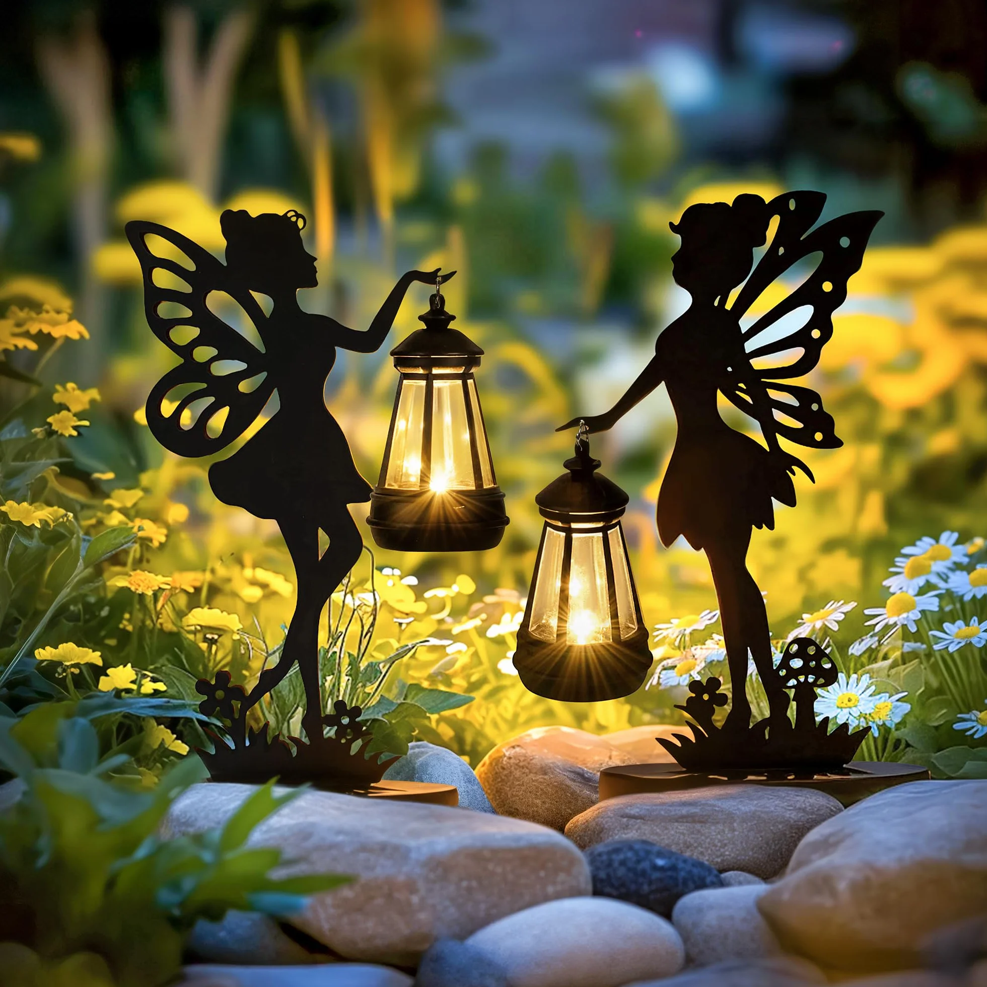 GIGALUMI Estatua de Hada de Hierro, Ornamento de Jardín con Luces Solares, Resistente al Agua, Paquete de 2