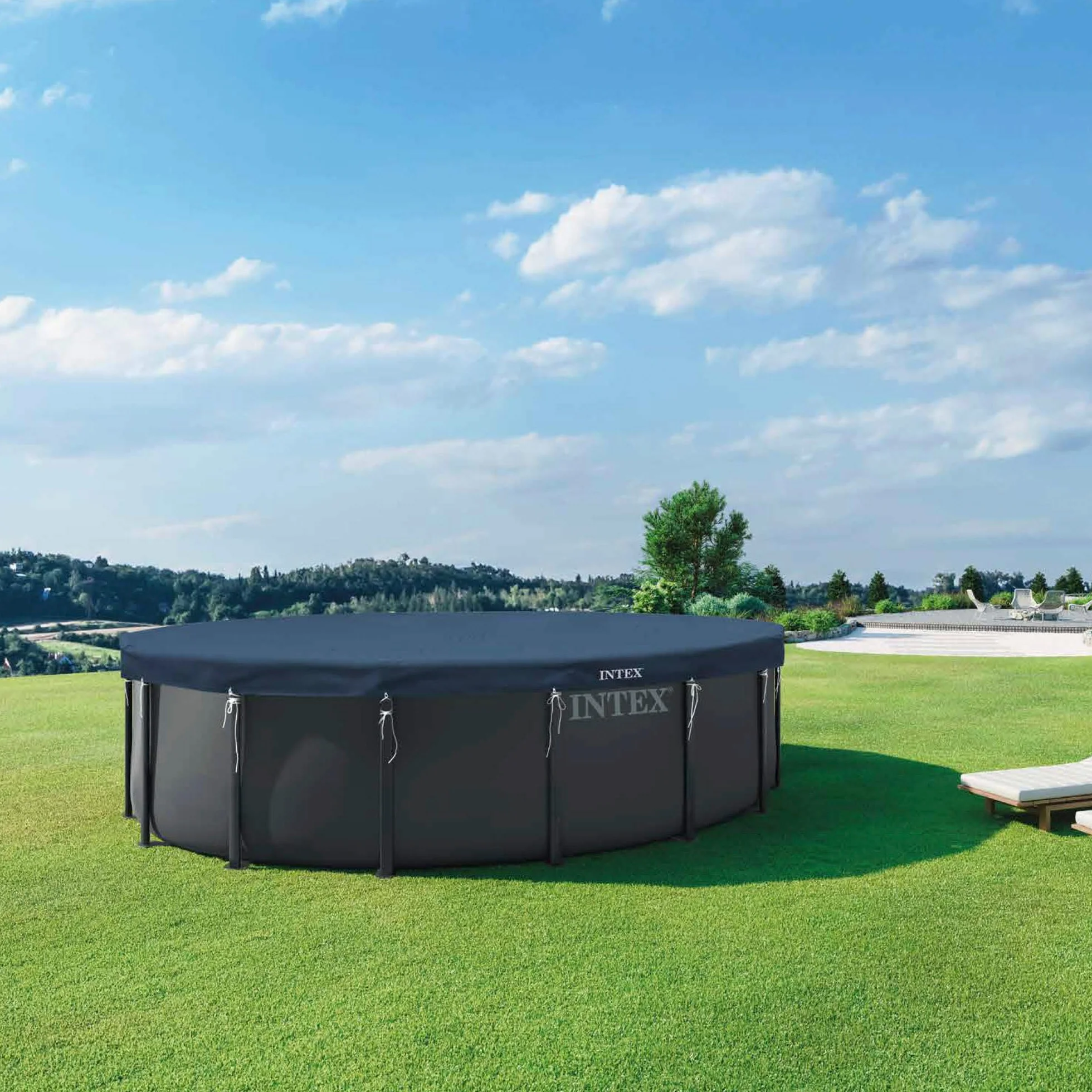 Intex Cobertor Piscina Redonda 5,49 m Azul Oscuro Funda Protectora Circular con Cordón y Drenaje 58016