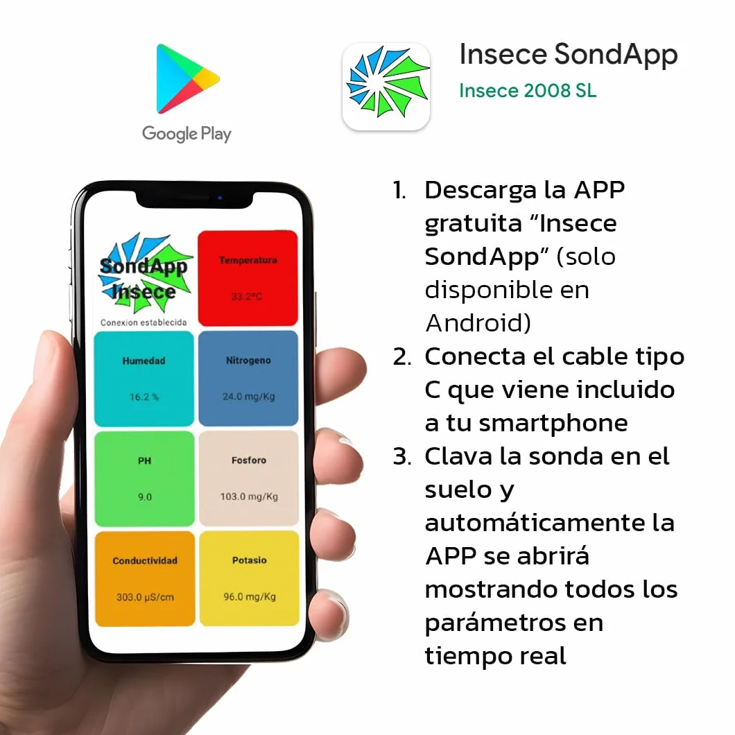 Sensor de Suelo Agrícola, Medición Temperatura/Humedad/Conductividad/Acidez/Nitrógeno/Fósforo/Potasio Tiempo Real