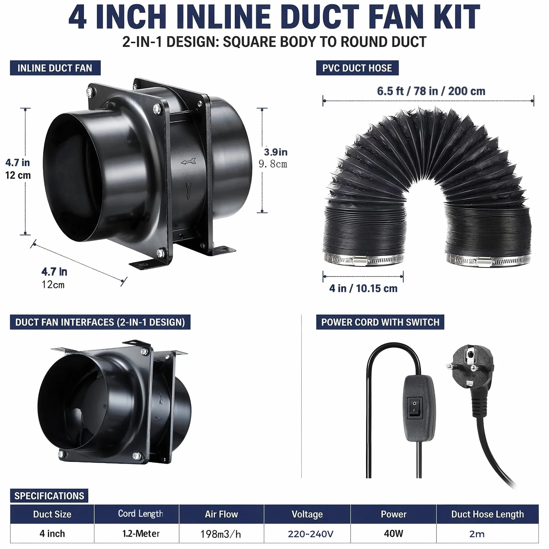 100mm Extractor de Baño, 119m³/h Extractor de Humos, Extractor Conducto para Tienda de Cultivo, Banco de Trabajo, Invernadero, Manguera HVAC