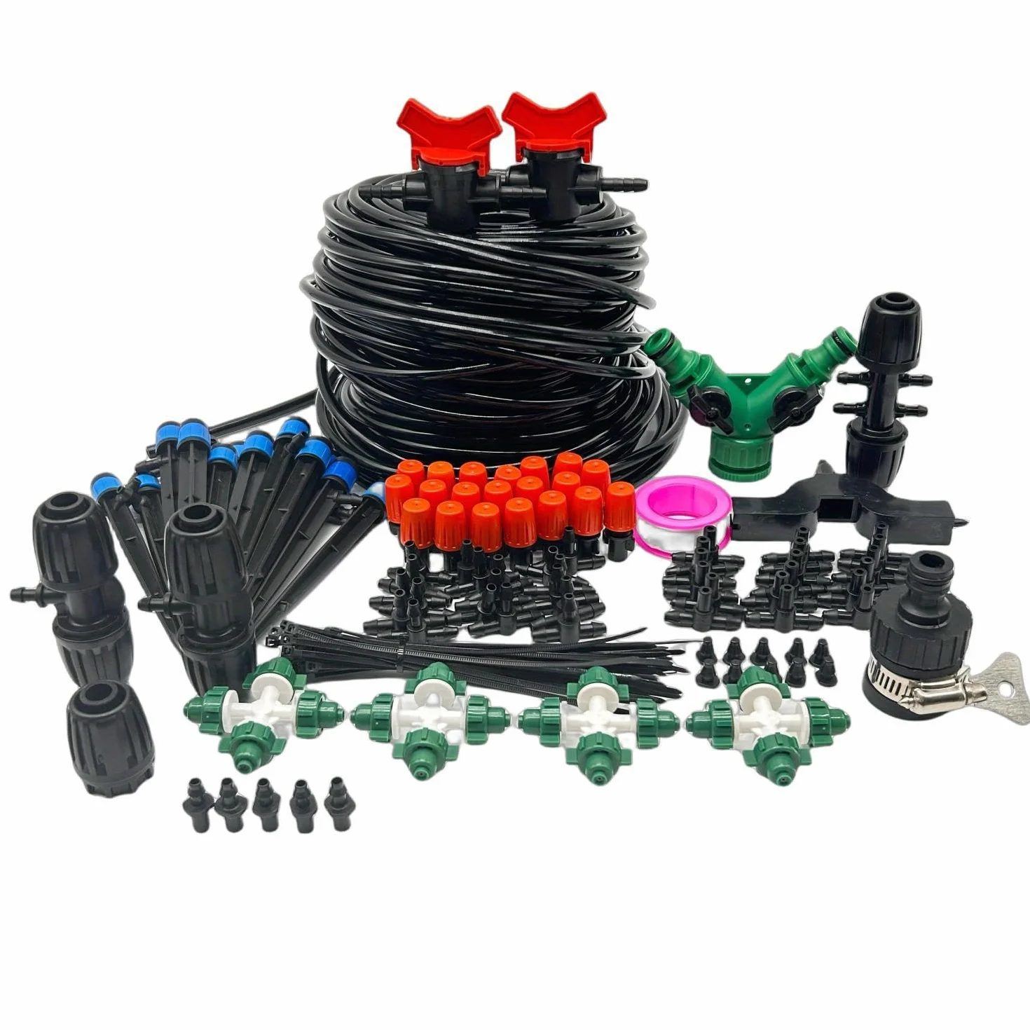 Kit de riego por goteo de 40 m + 135 piezas, sistema de riego con manguera de tubo de 1/4 pulgadas, emisores de goteo ajustables, conector de tubo en T, para jardín, patio, césped, plantas, cama de