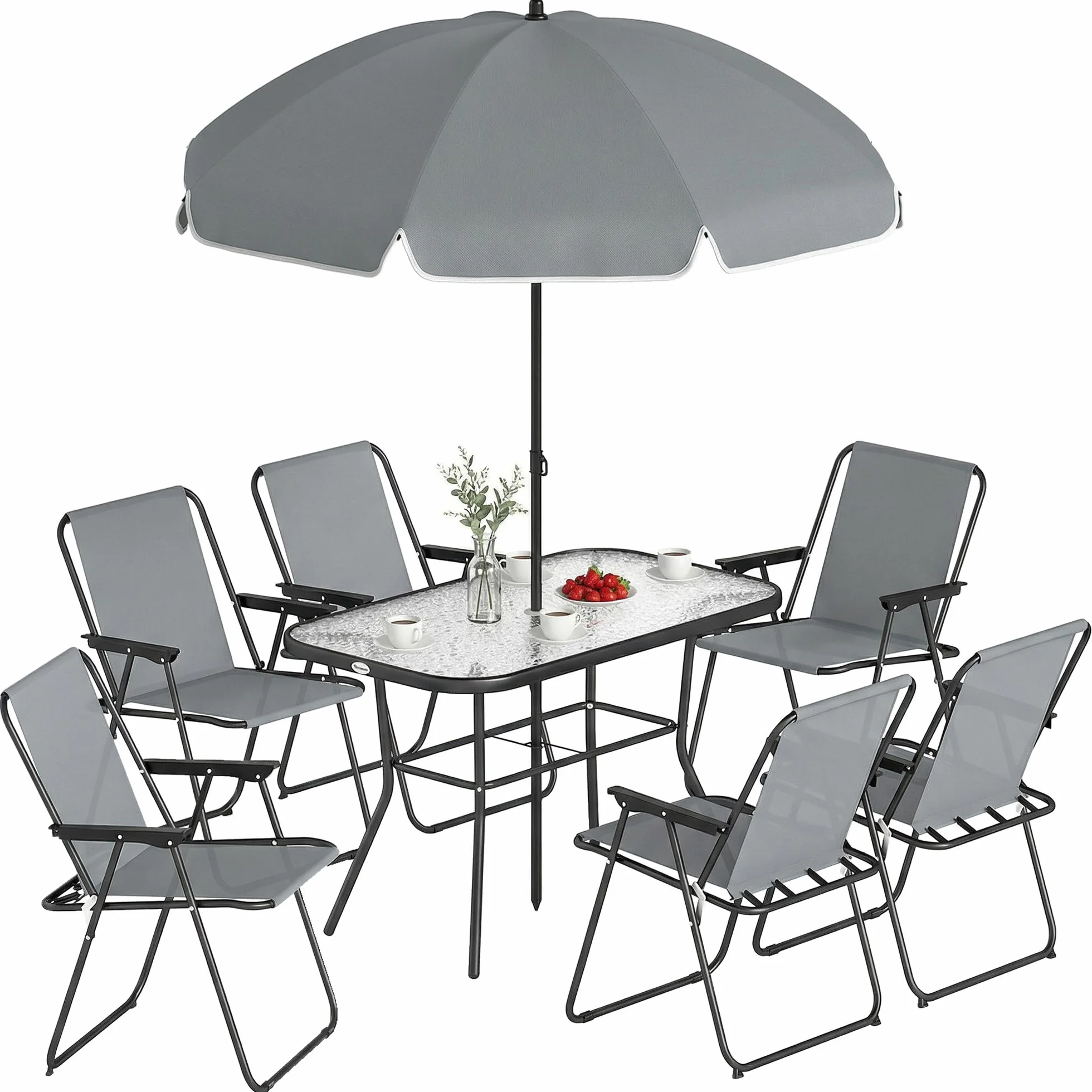 Outsunny Conjunto de Mesa y Sillas Jardín 8 Piezas, Muebles Exterior con Sombrilla, Sillas Plegables, Mesa Vidrio Templado, Gris
