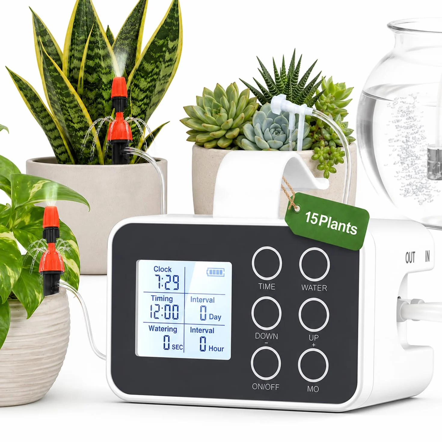 BAOSHISHAN Regador automático de plantas para interiores con emisor de pulverización y goteo 2 en 1 mejorado, dispositivo de riego de plantas de vacaciones con temporizador programable, sistema de
