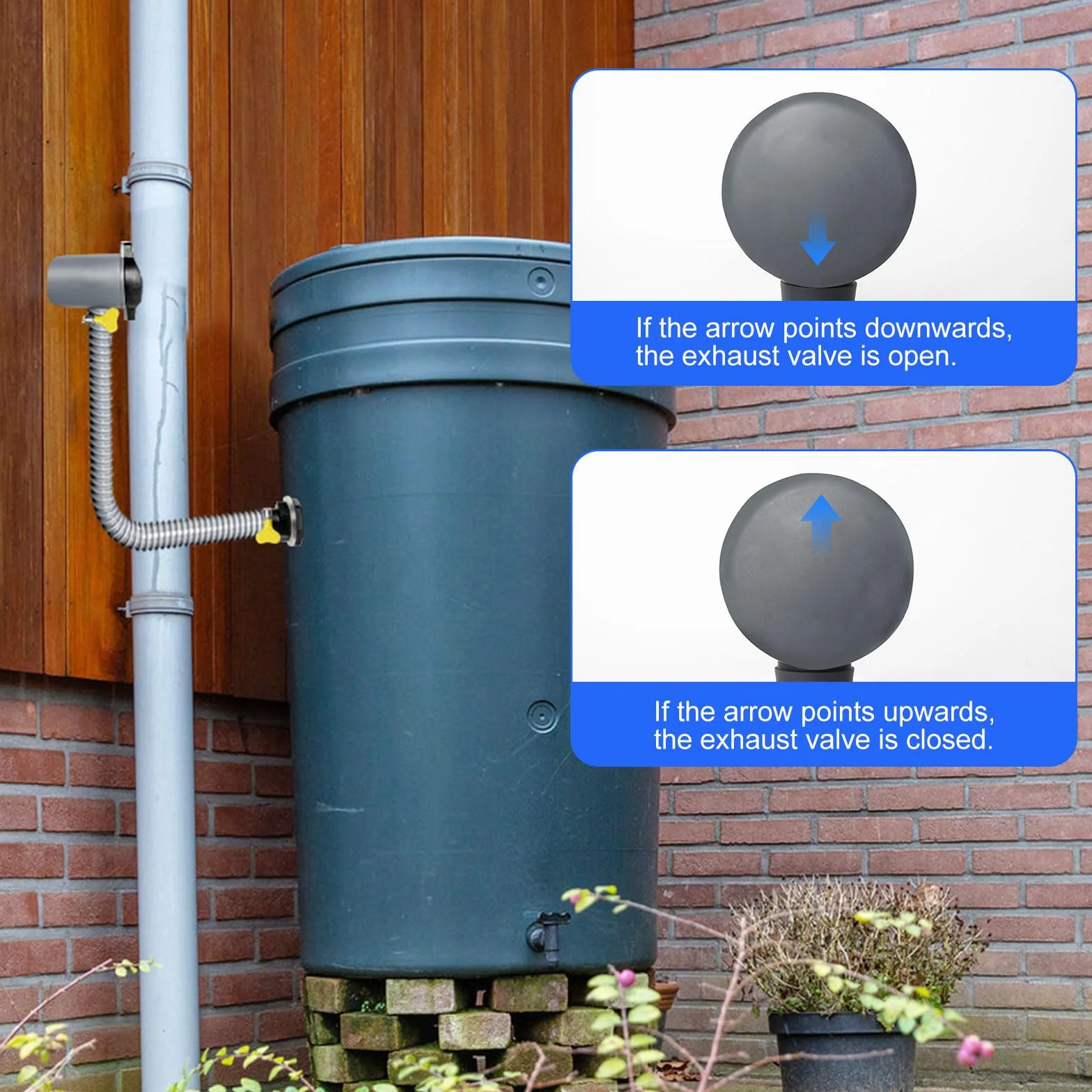 Colector de Agua de Lluvia para bajantes 70-110 mm, con Accesorios de Montaje y Manguera 1 m, para techos hasta 80 m²