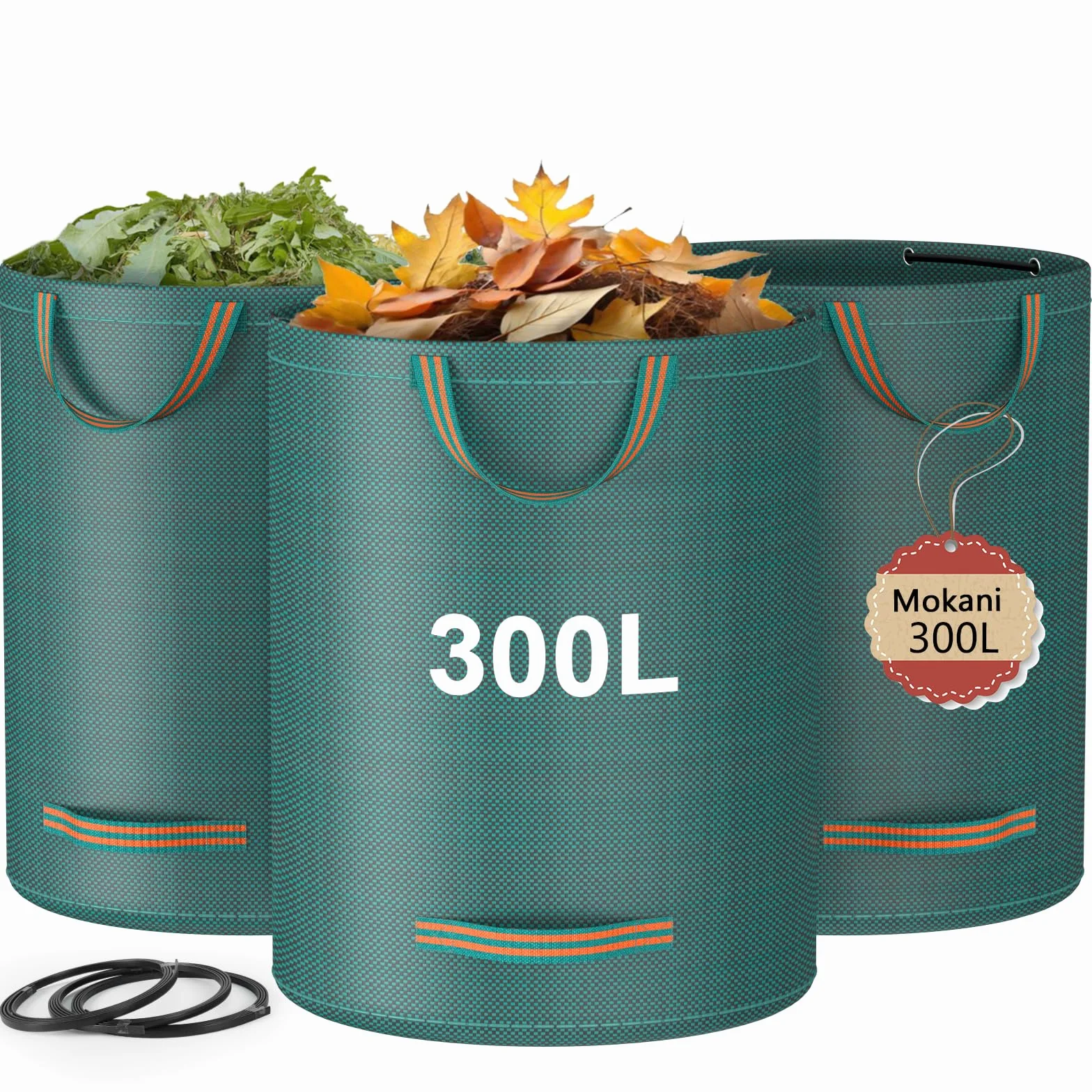 Mokani Bolsas de basura de jardín 300 L x 3 resistentes con asas reutilizables plegables