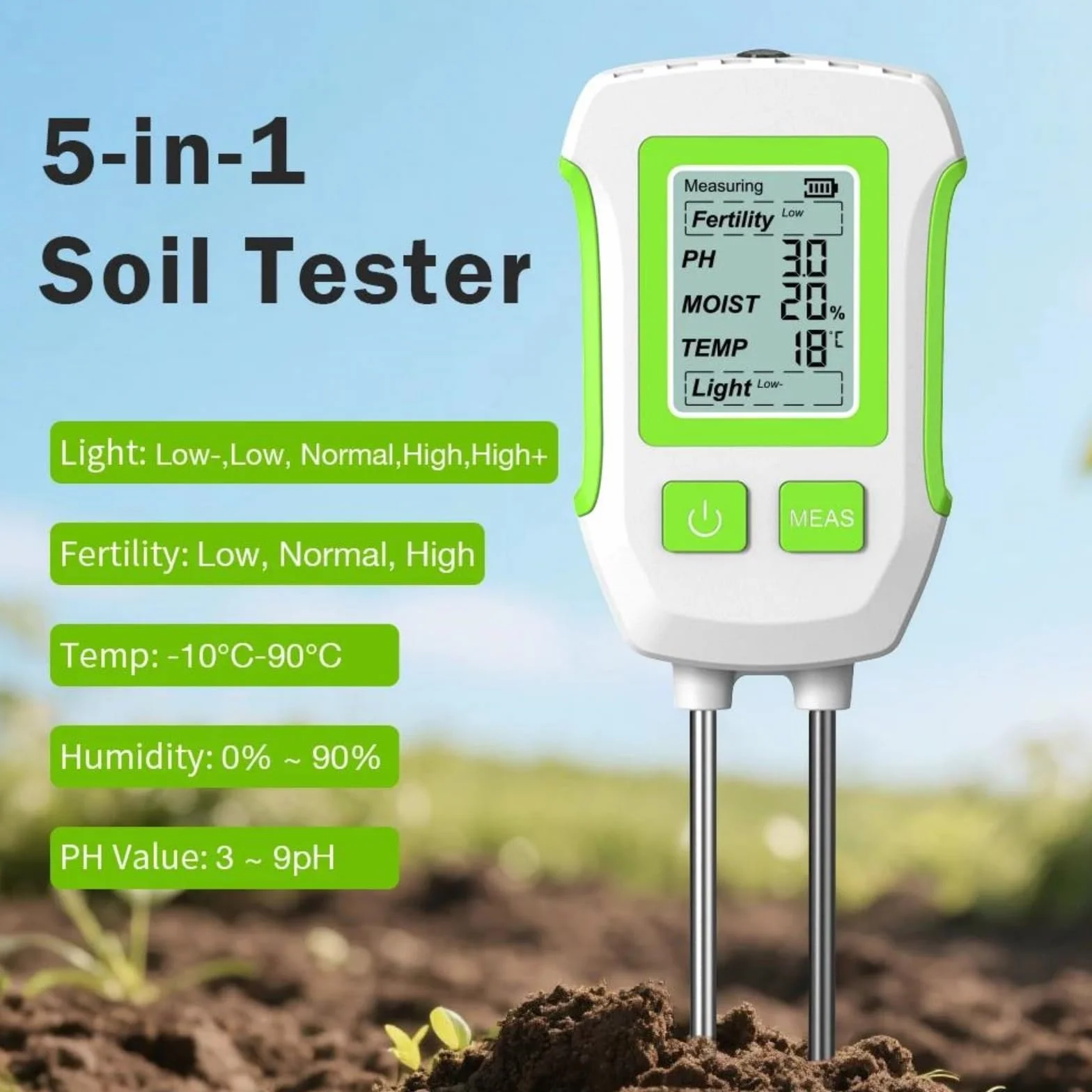 Medidor De Humedad del Suelo 5 En 1, Medidor Digital De PH del Suelo, Probador De Humedad del Suelo De Mano emperatura Y Luz Solar para Jardín, Plantación Y Macetas
