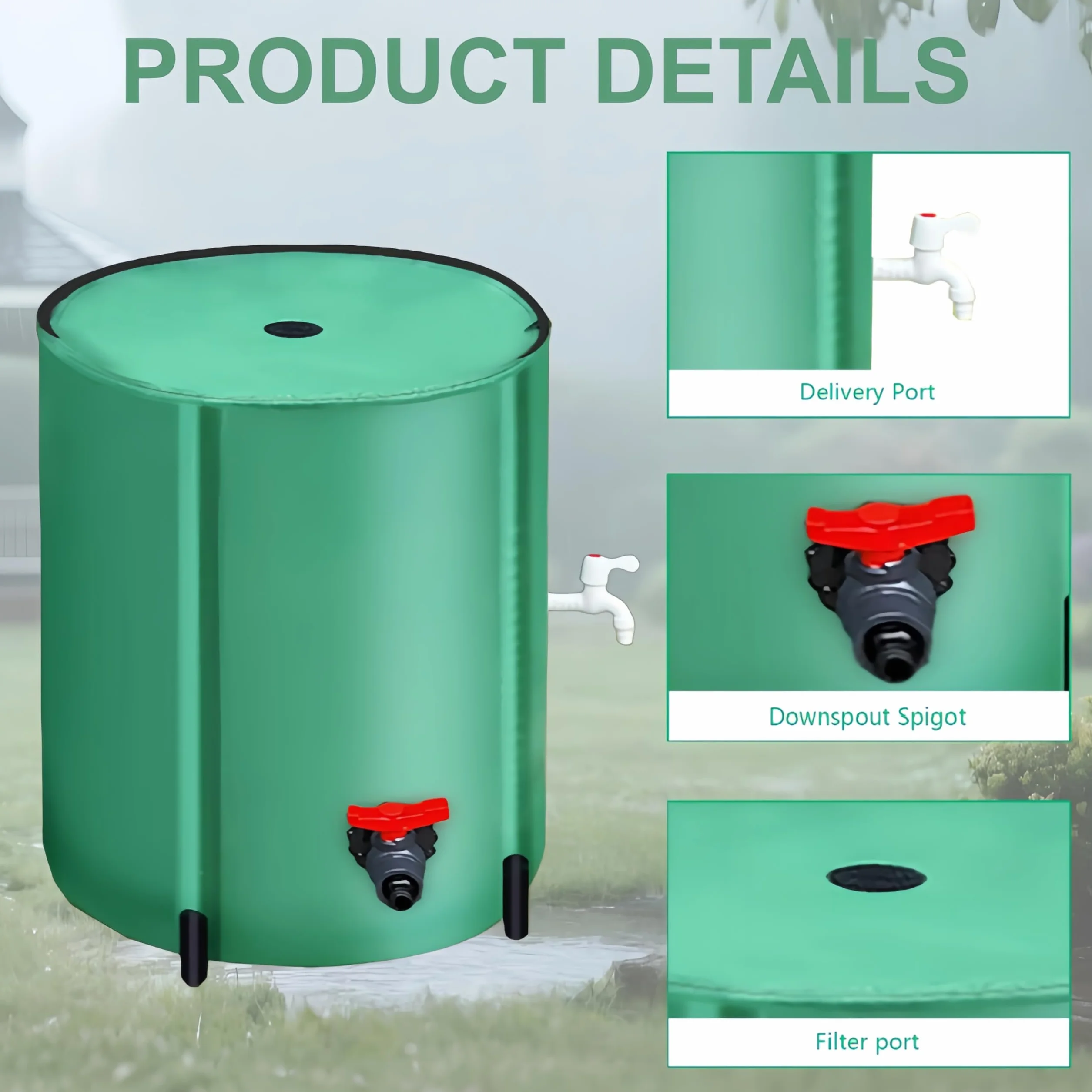 Barril de Lluvia Plegable 200L Verde con Tapa, Filtro y Grifos para Jardín