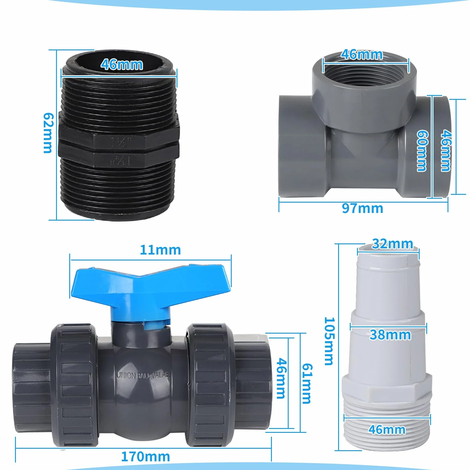 SWAWIS Juego de Desvío para Piscina 32/38mm, Bomba de Calor, Calentador Solar, Tubo PVC, Válvula Bola DN50